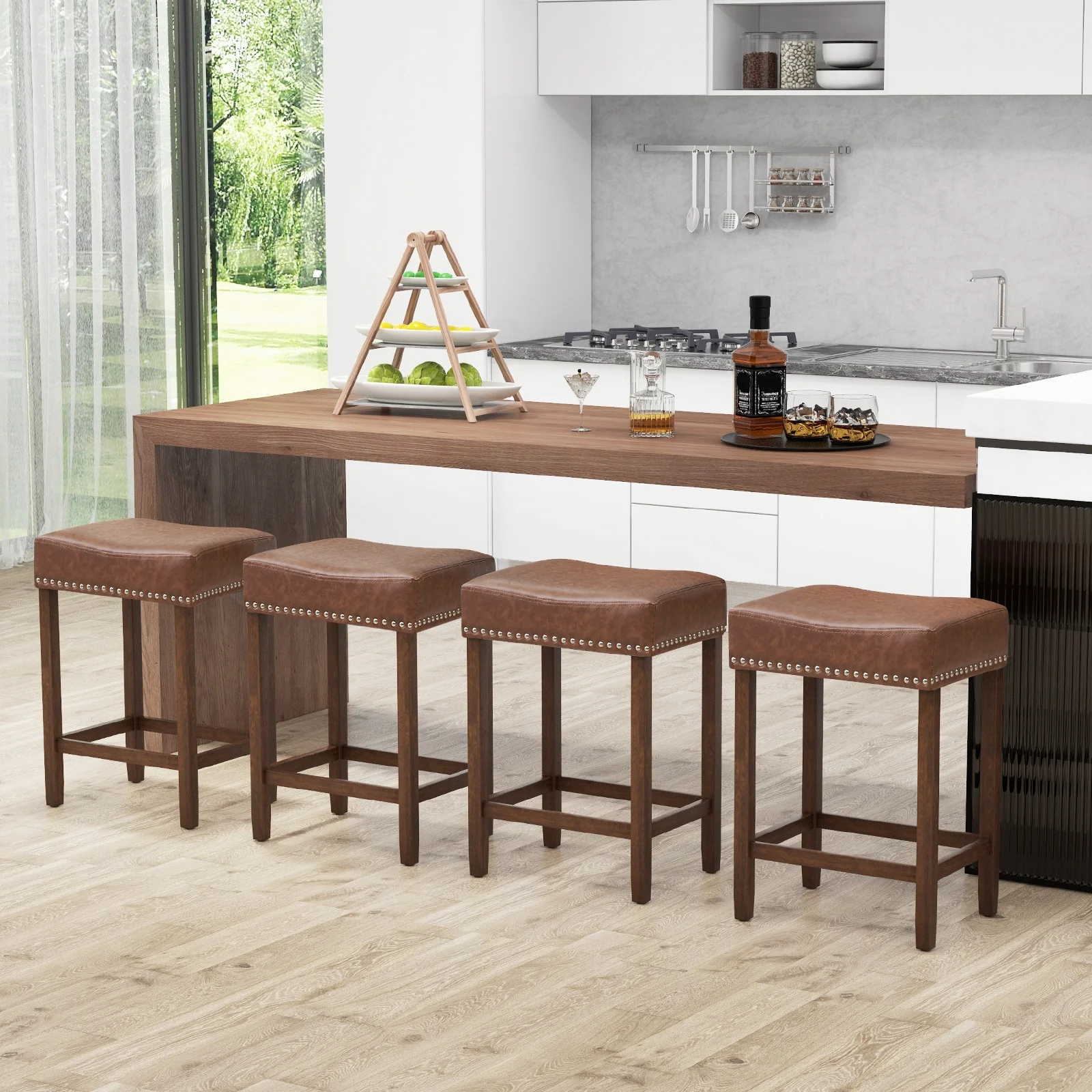 24 Inch PU Leather Bar Stools Set Of 2, Brown - Image 8