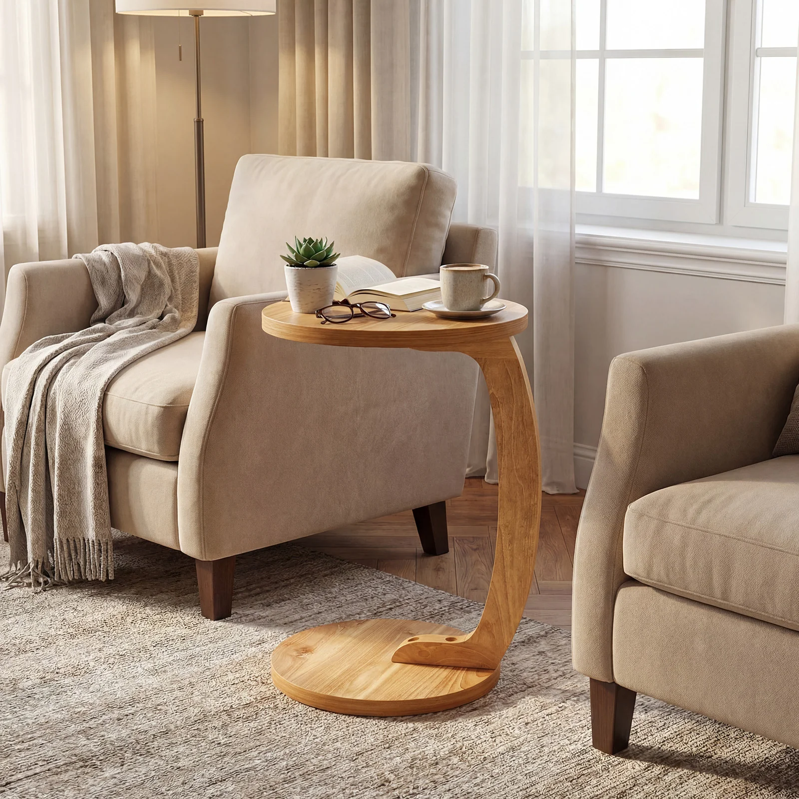 24 Inch Round C-Shaped Side Table, Thickened Top, Sturdy Base - Image 3