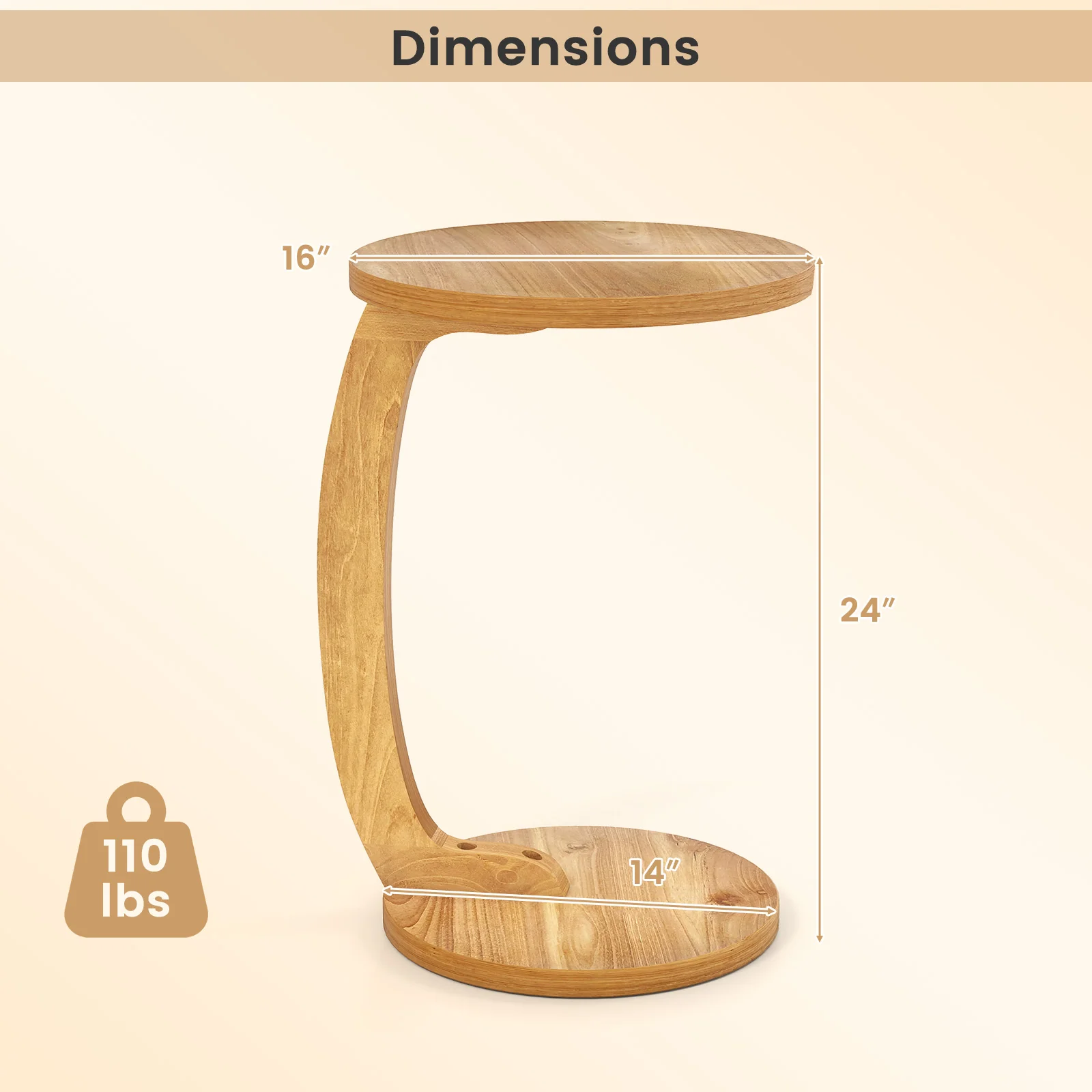 24 Inch Round C-Shaped Side Table, Thickened Top, Sturdy Base - Image 6