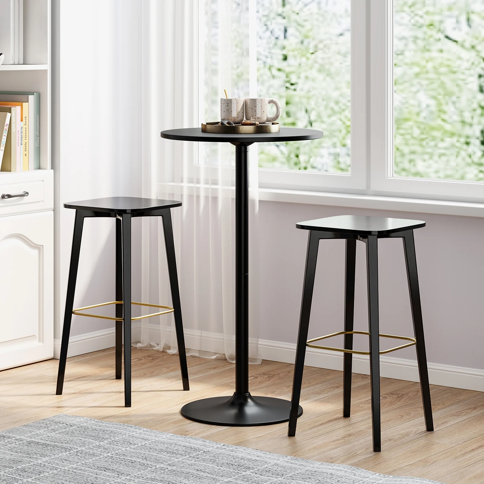 24 Inch Round Cocktail Table, Metal Base, MDF Top, Set of 2, Black - Image 3