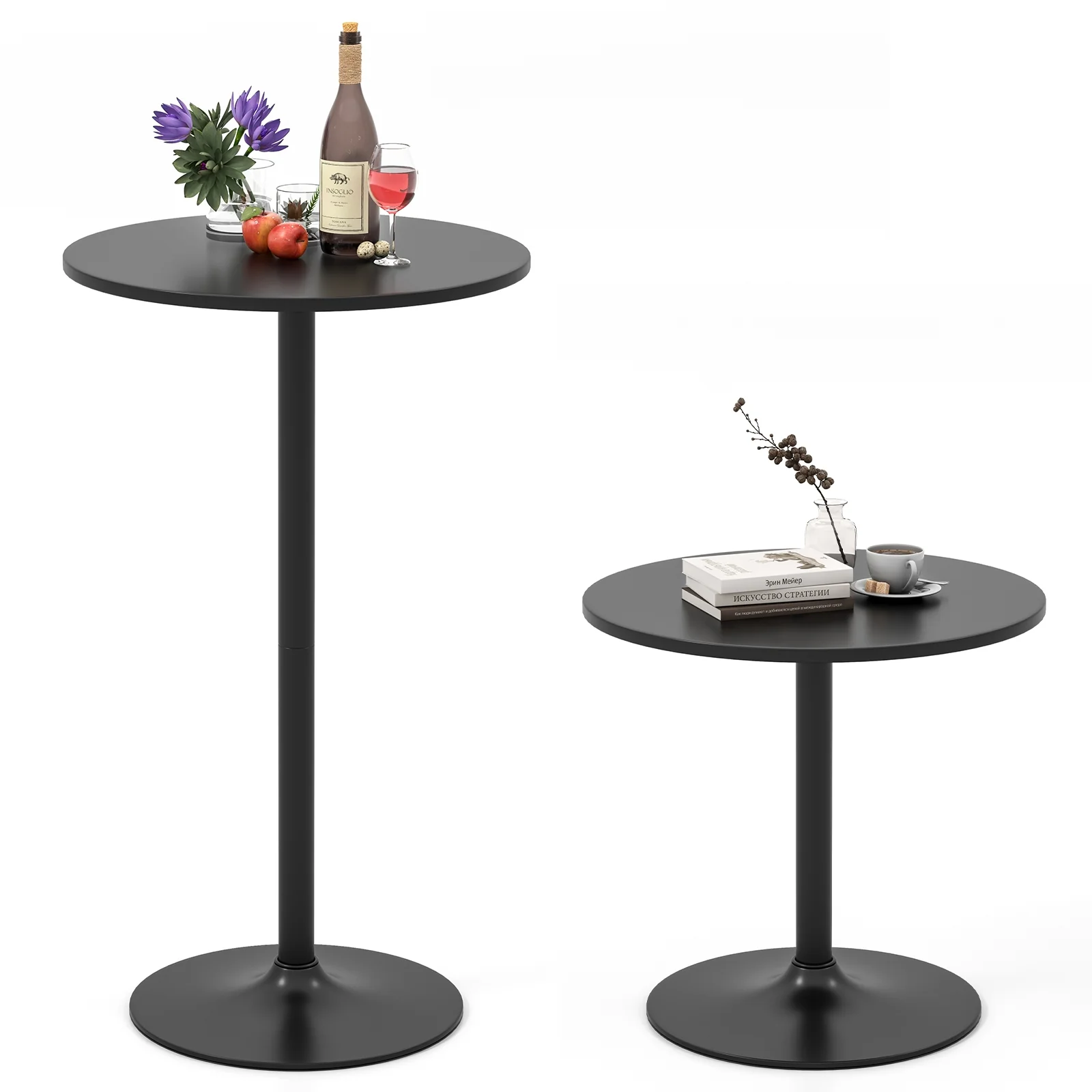 24 Inch Round Cocktail Table, Metal Base, MDF Top, Set of 2, Black - Image 5