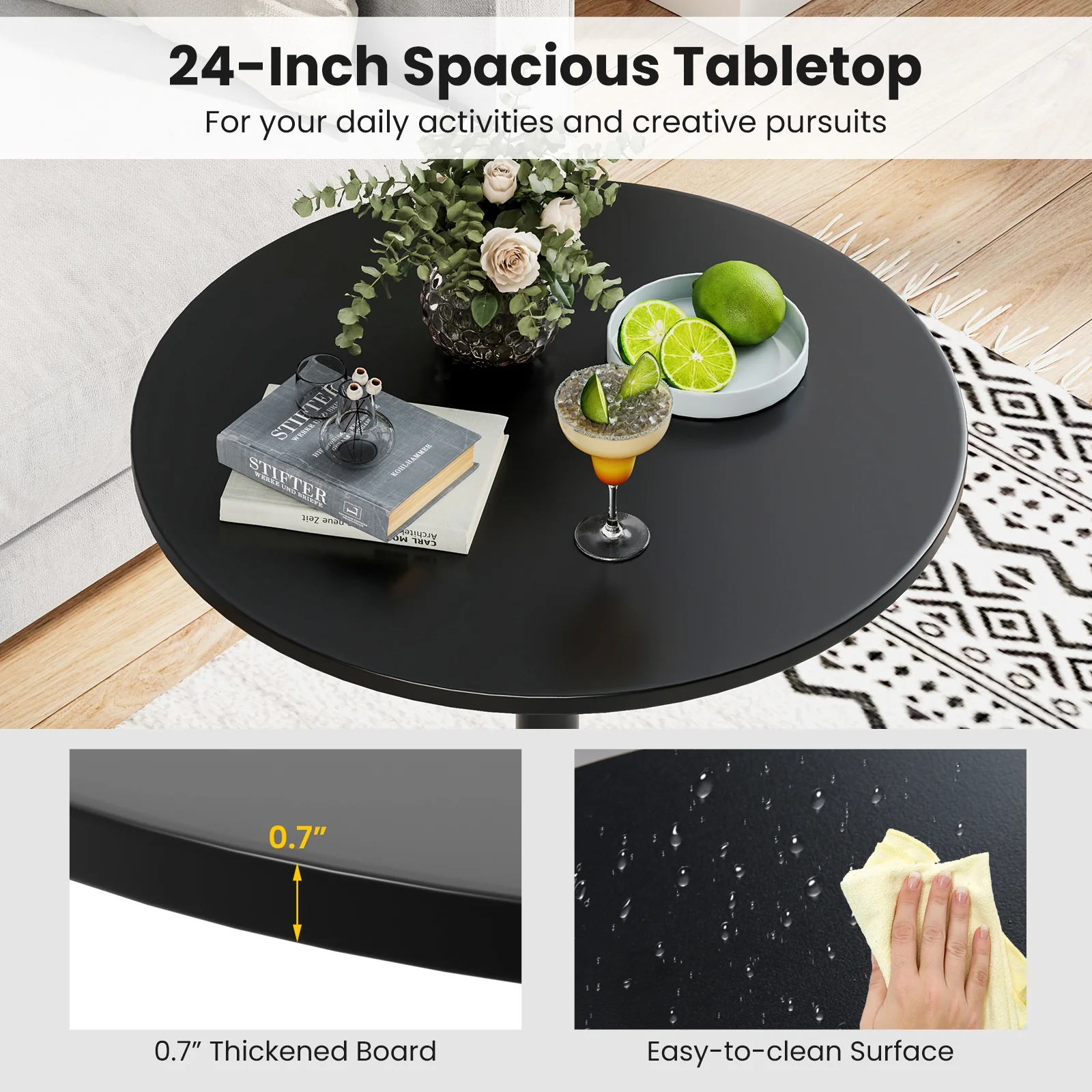 24 Inch Round Cocktail Table, Metal Base, MDF Top, Set of 2, Black - Image 8