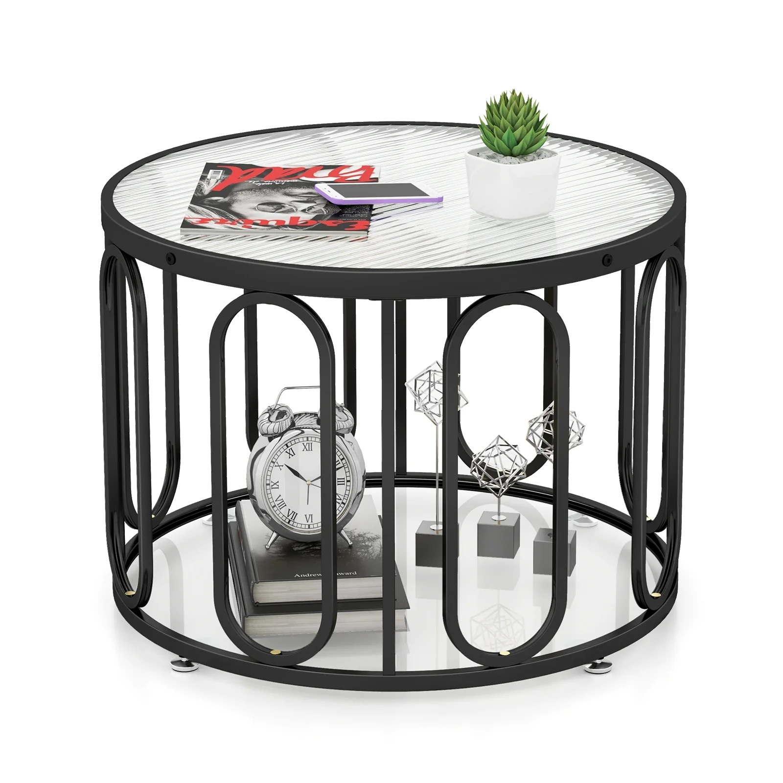 24 Inch Round Coffee Table, Reeded Tempered Glass Top, Oval Swivel Brackets, Black