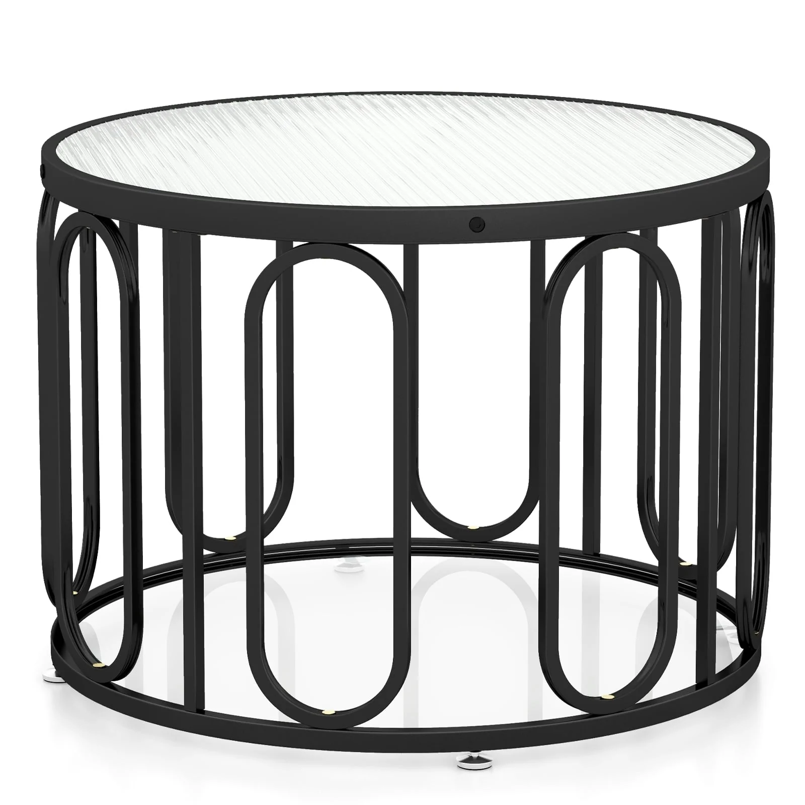 24 Inch Round Coffee Table, Reeded Tempered Glass Top, Oval Swivel Brackets, Black - Image 5