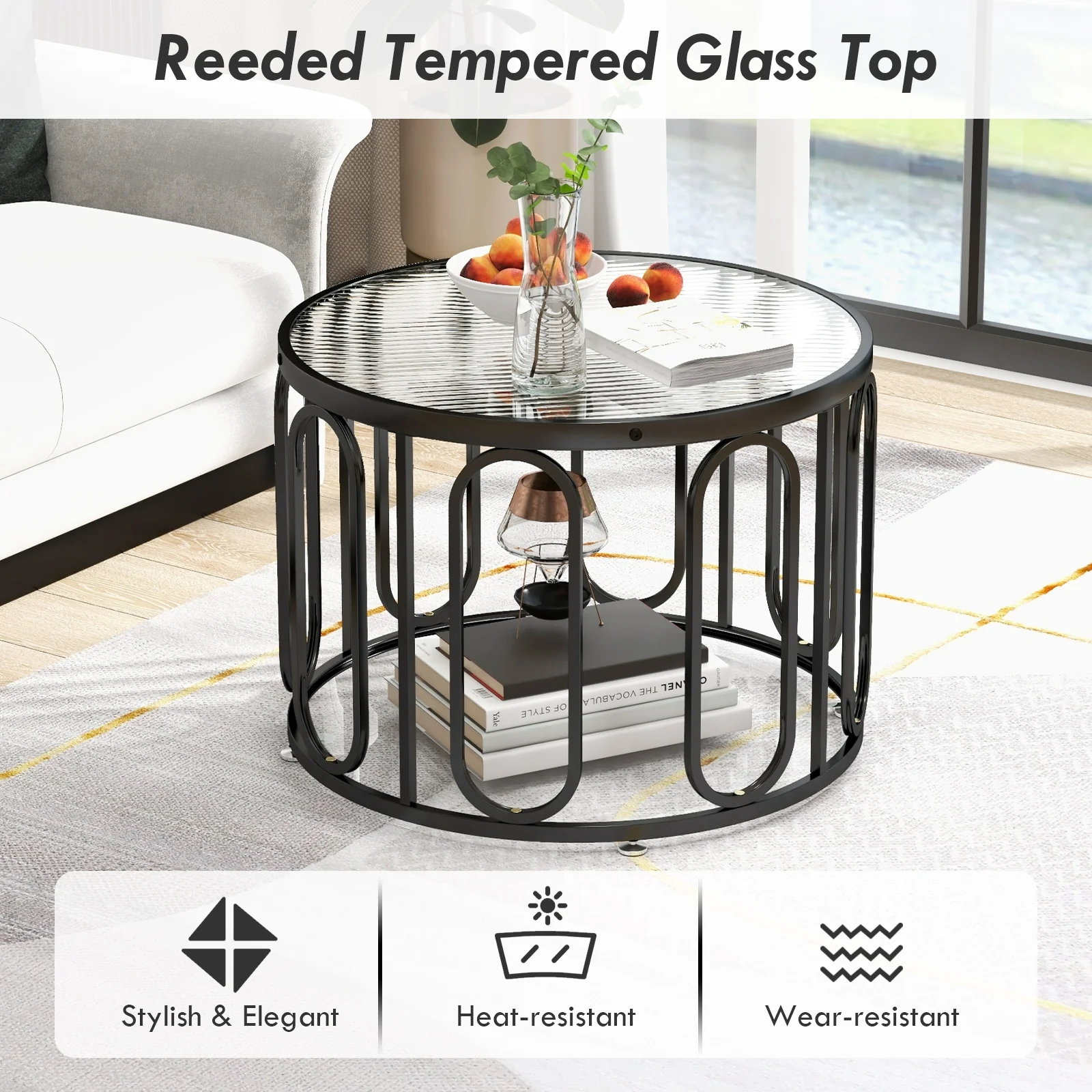 24 Inch Round Coffee Table, Reeded Tempered Glass Top, Oval Swivel Brackets, Black - Image 7