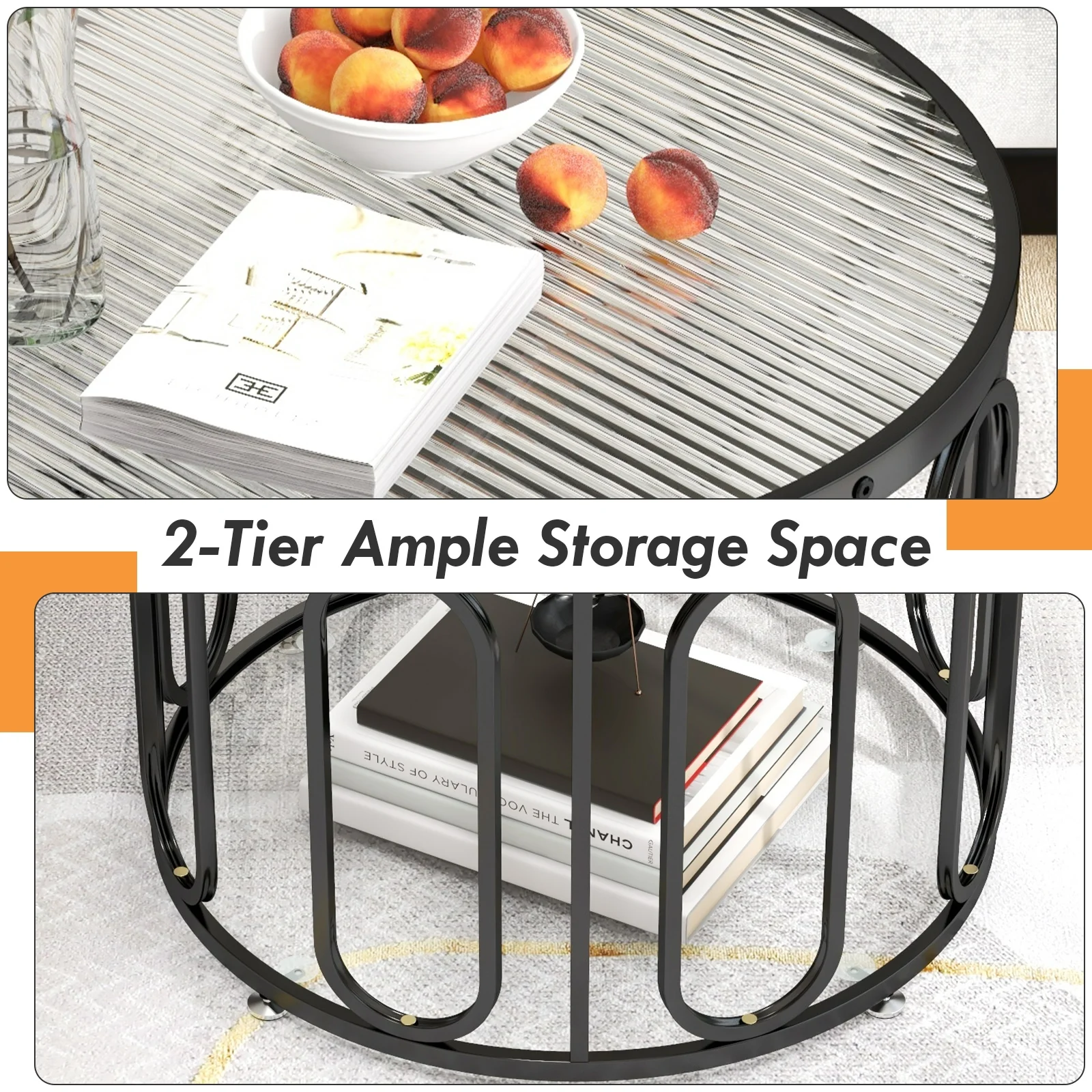 24 Inch Round Coffee Table, Reeded Tempered Glass Top, Oval Swivel Brackets, Black - Image 8