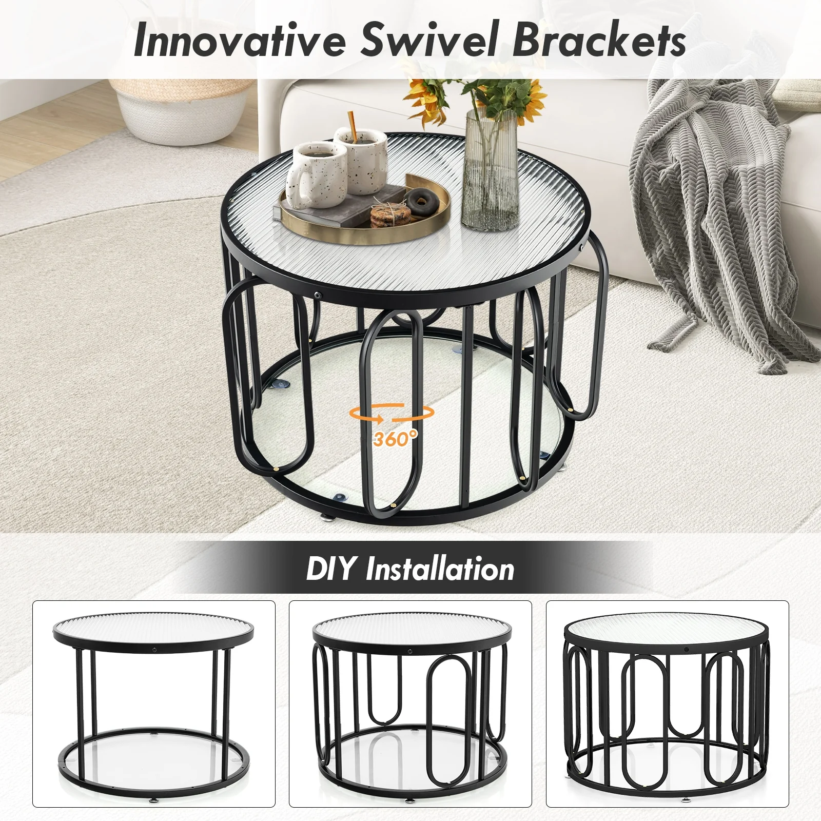 24 Inch Round Coffee Table, Reeded Tempered Glass Top, Oval Swivel Brackets, Black - Image 9