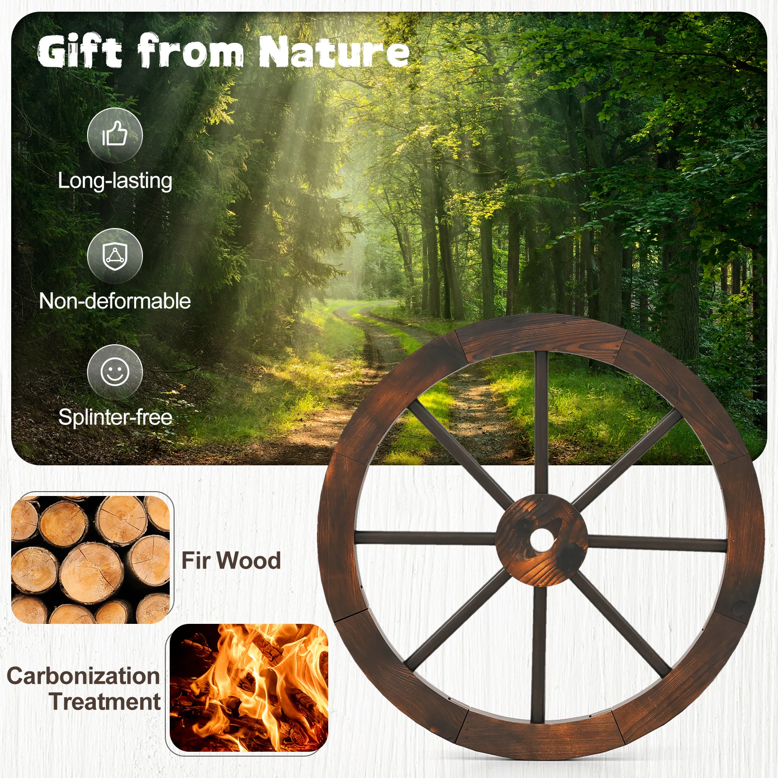 24-Inch Set of 2 Decorative Wooden Wagon Wheel, Carbonized Fir, Rustic Brown - Image 8