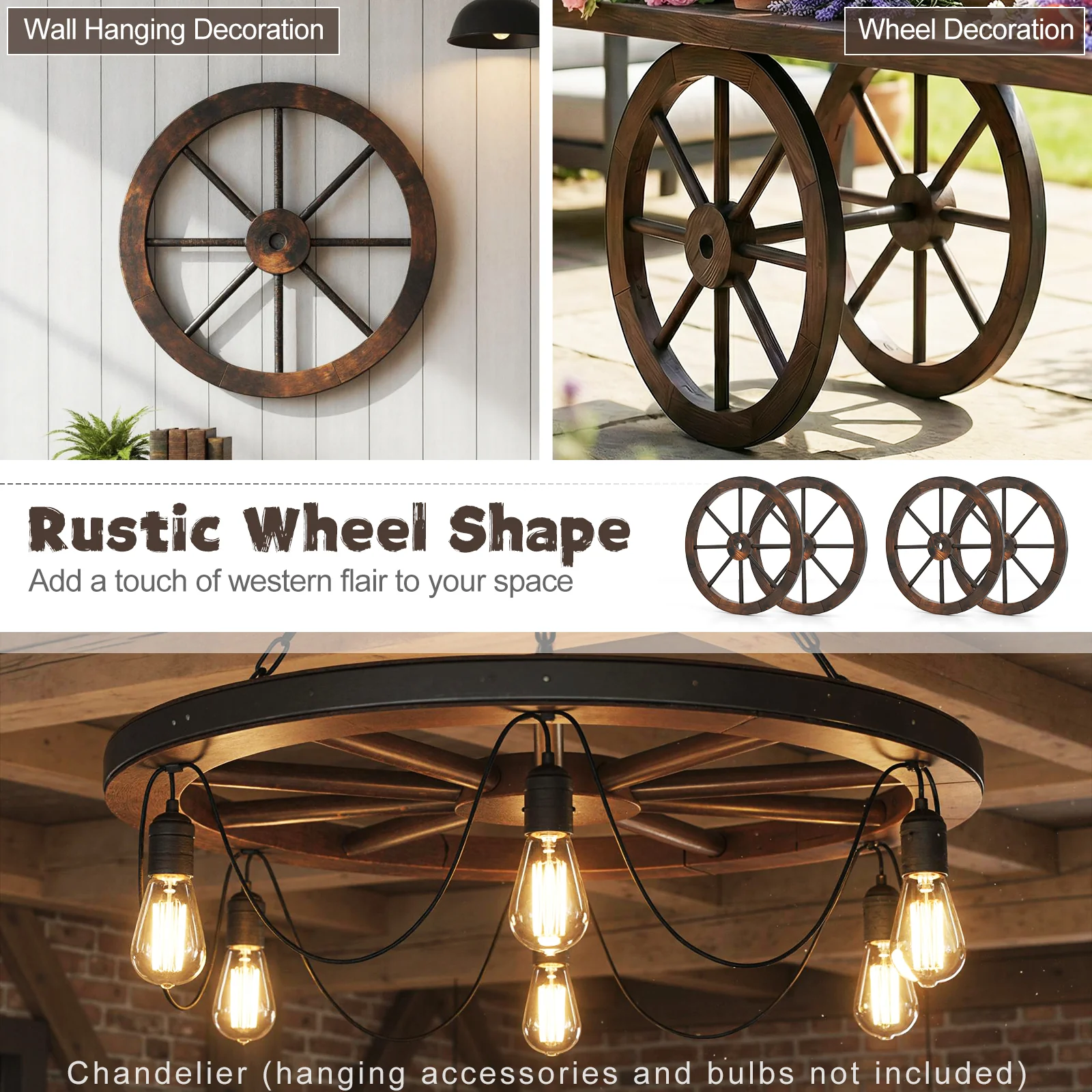 24-Inch Set of 2 Decorative Wooden Wagon Wheel, Carbonized Fir, Rustic Brown - Image 9