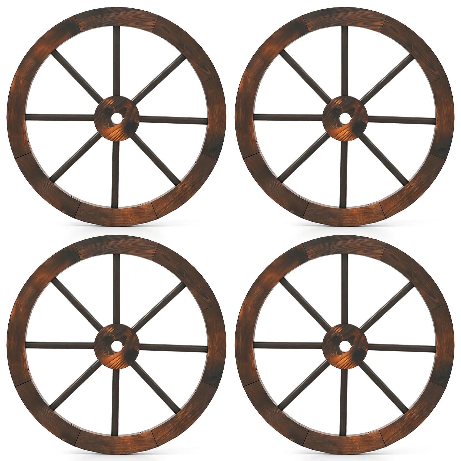 24 Inch Set of 4 Decorative Wooden Wagon Wheel Carbonized Solid Fir Wood, Rustic Brown