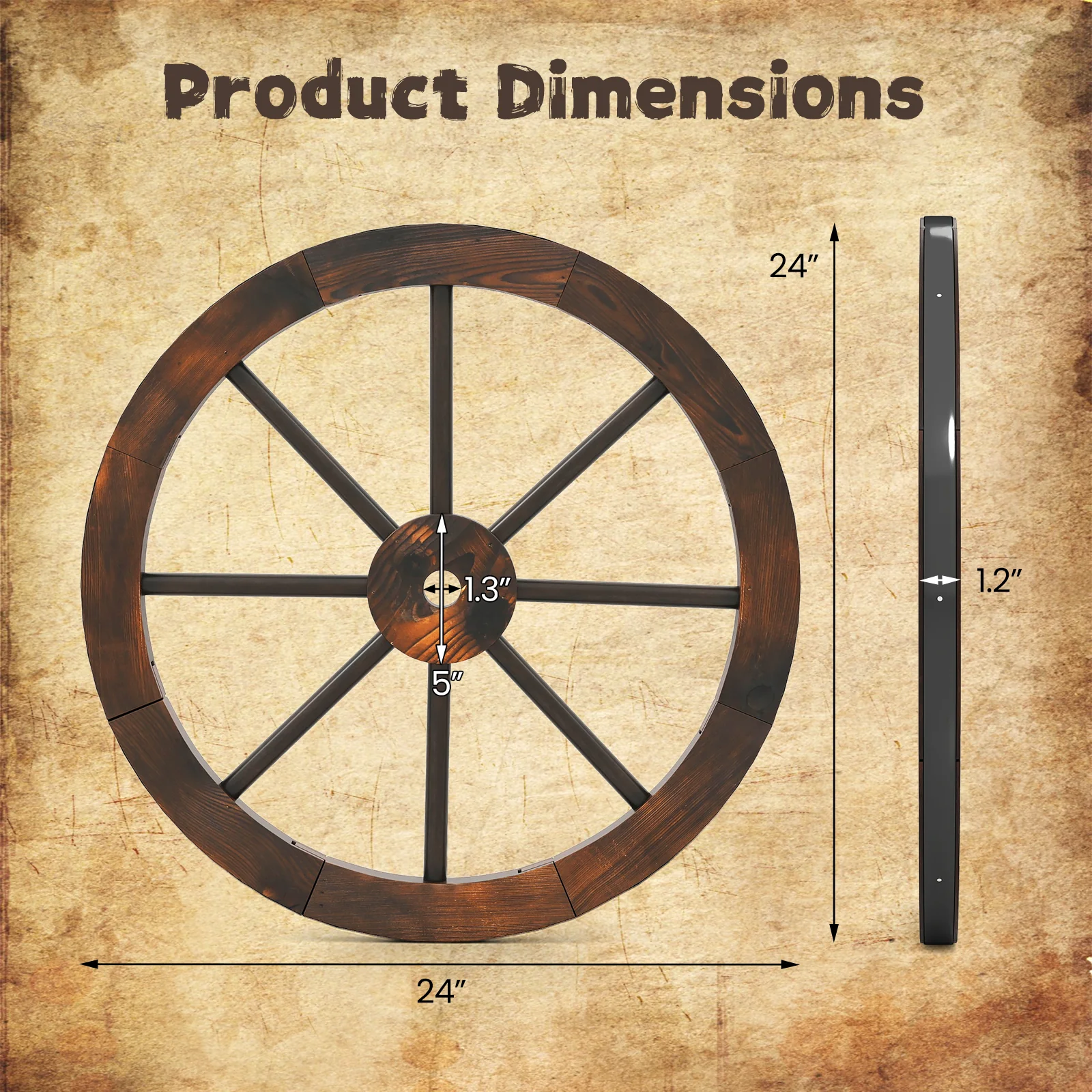 24 Inch Set of 4 Decorative Wooden Wagon Wheel Carbonized Solid Fir Wood, Rustic Brown - Image 3