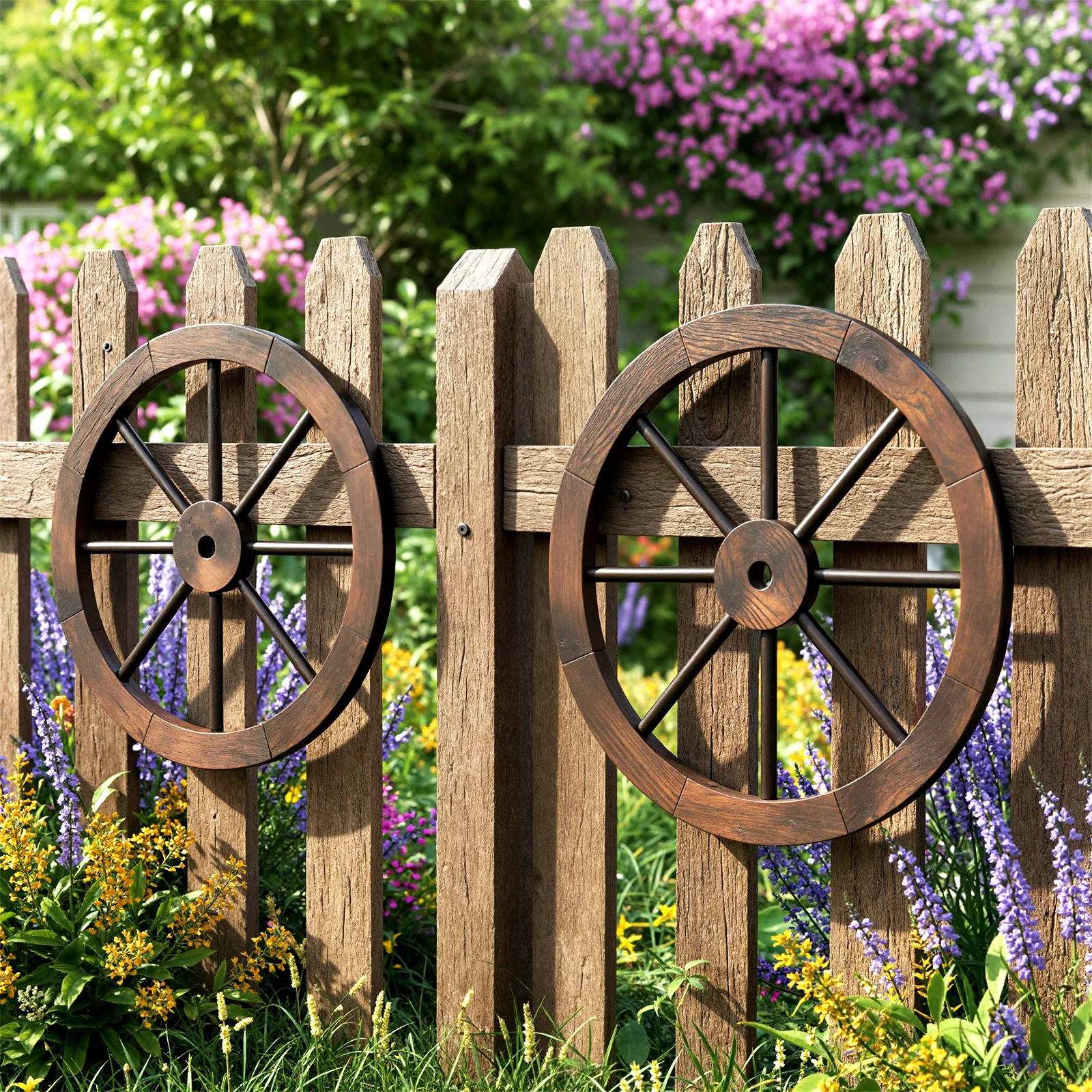24 Inch Set of 4 Decorative Wooden Wagon Wheel Carbonized Solid Fir Wood, Rustic Brown - Image 4