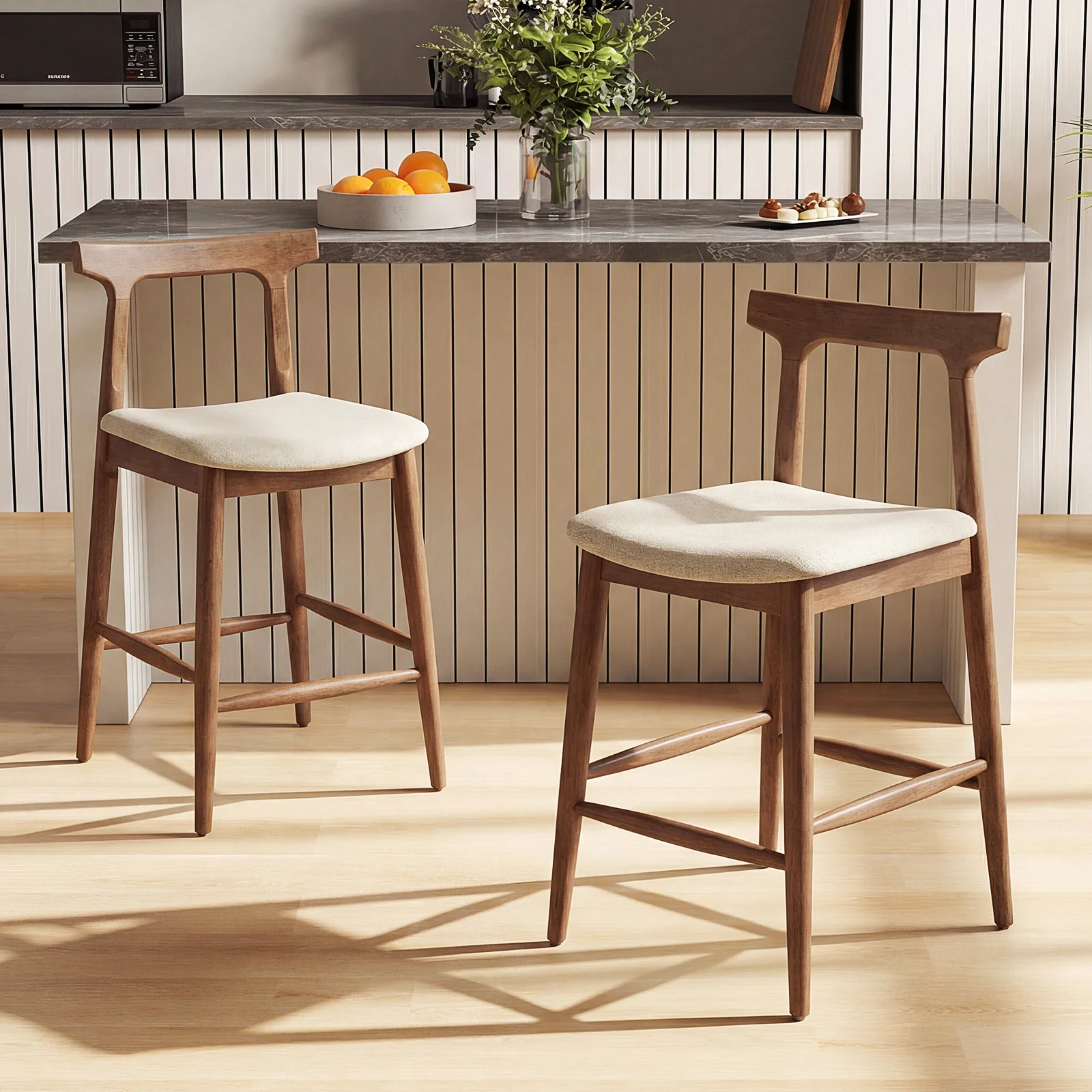 24 Inch Solid Wood Bar Stools, Curved Back Kitchen Island Chairs, Walnut - Image 2