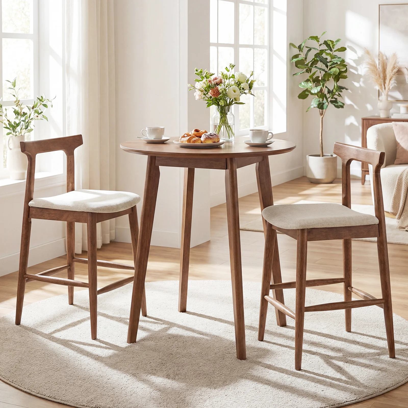 24 Inch Solid Wood Bar Stools, Curved Back Kitchen Island Chairs, Walnut - Image 3