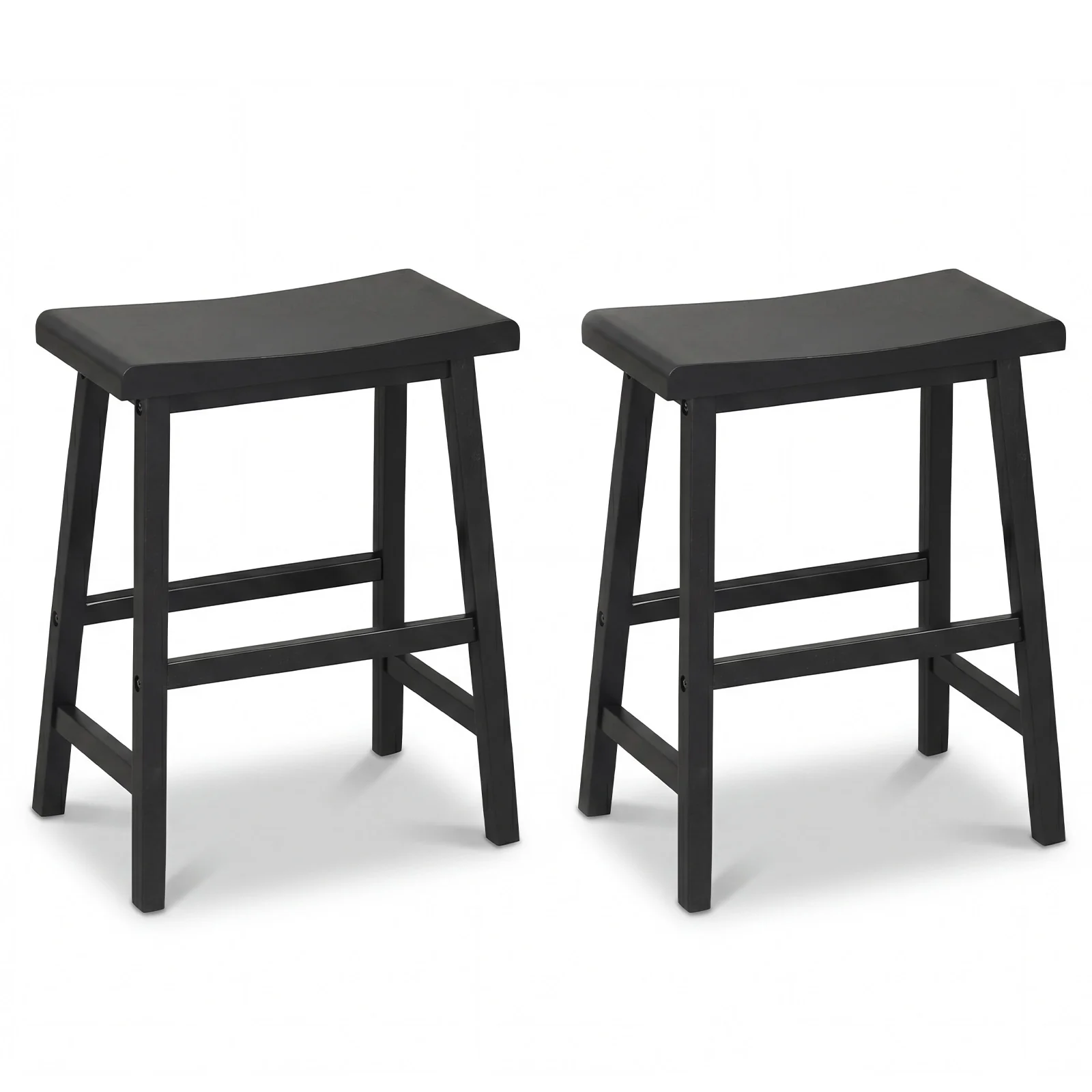 24 Inch Solid Wood Saddle Bar Stools, Set Of 2, Black