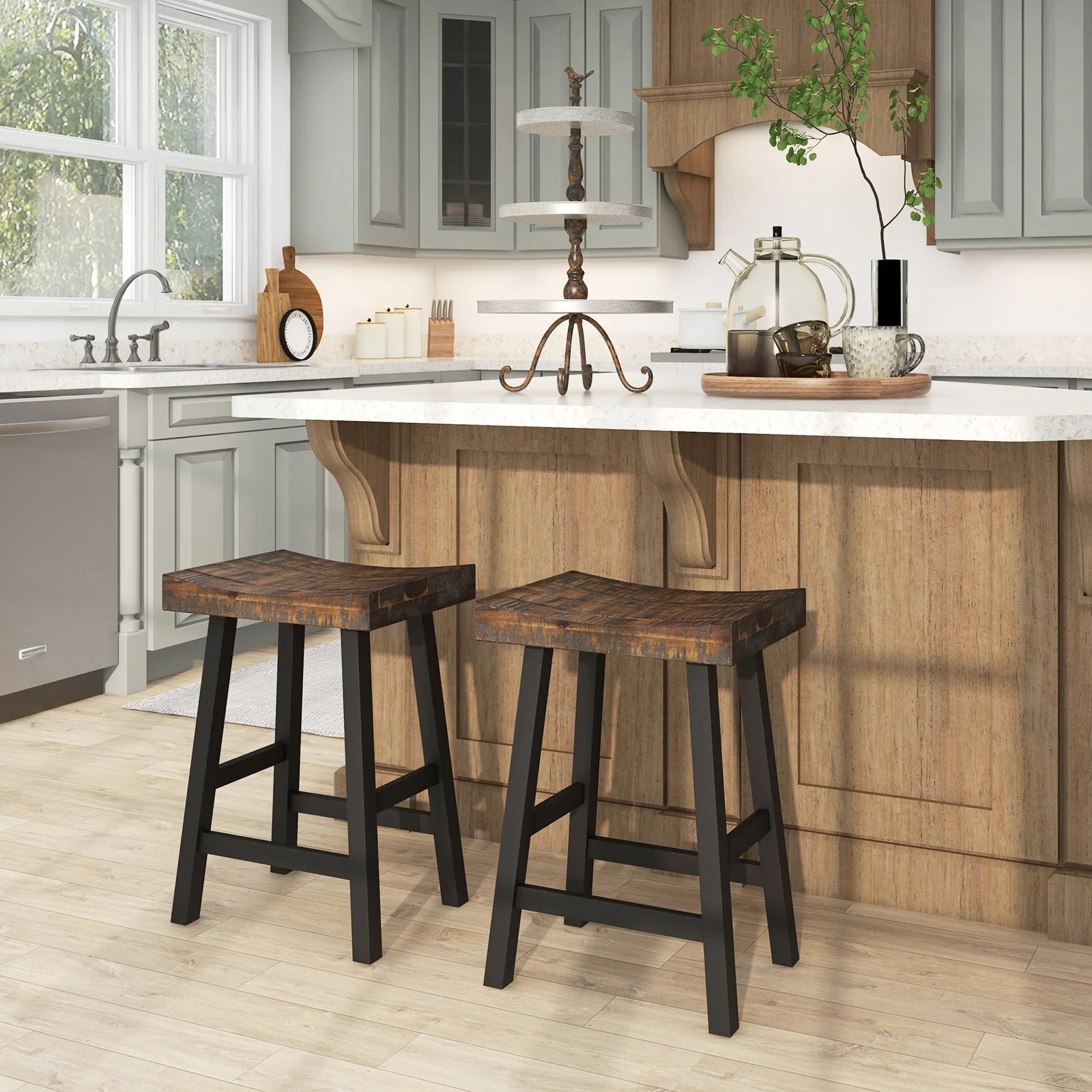 24 Inch Solid Wood Saddle Seat, Curved Seat Surface, Comfortable Footrests, Wood - Image 2