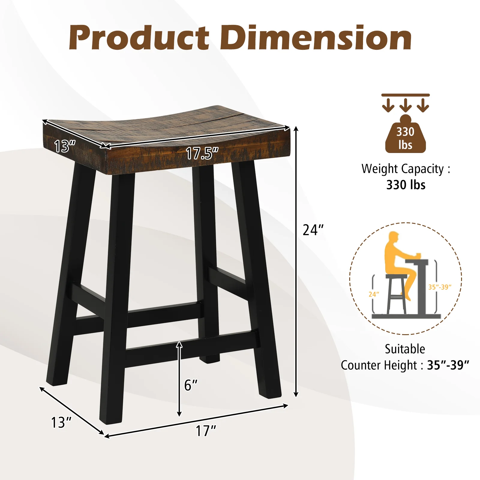 24 Inch Solid Wood Saddle Seat, Curved Seat Surface, Comfortable Footrests, Wood - Image 5