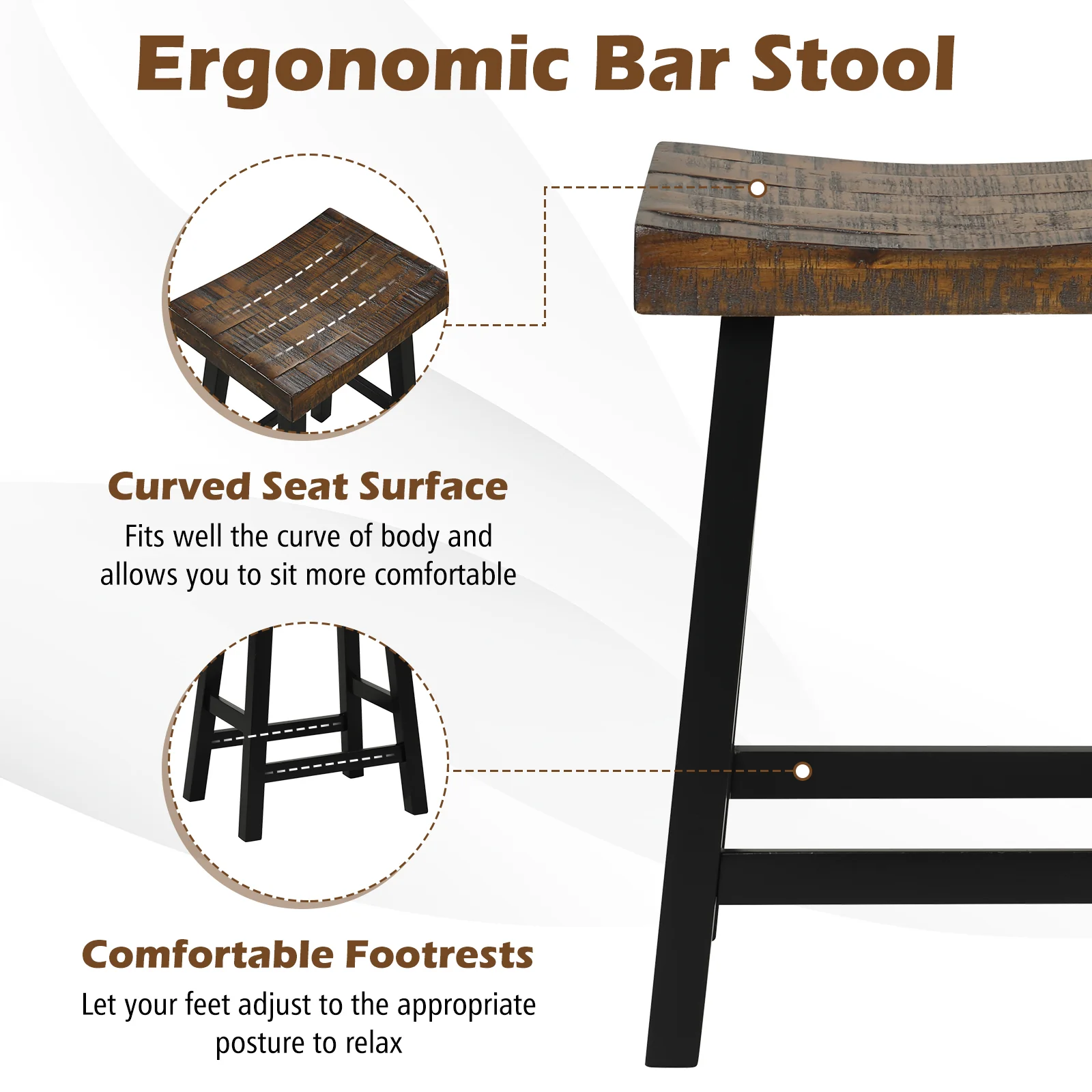 24 Inch Solid Wood Saddle Seat, Curved Seat Surface, Comfortable Footrests, Wood - Image 6