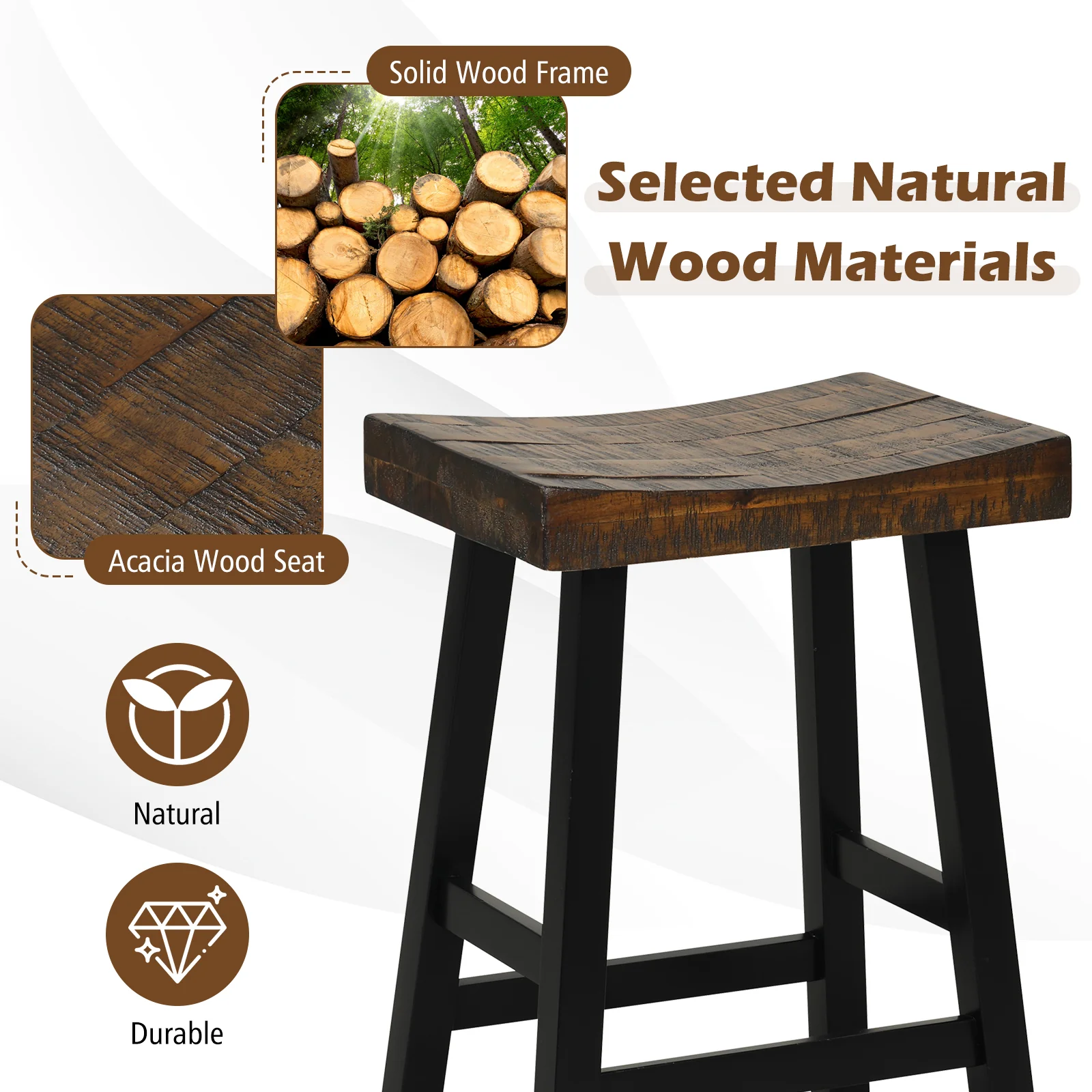 24 Inch Solid Wood Saddle Seat, Curved Seat Surface, Comfortable Footrests, Wood - Image 7