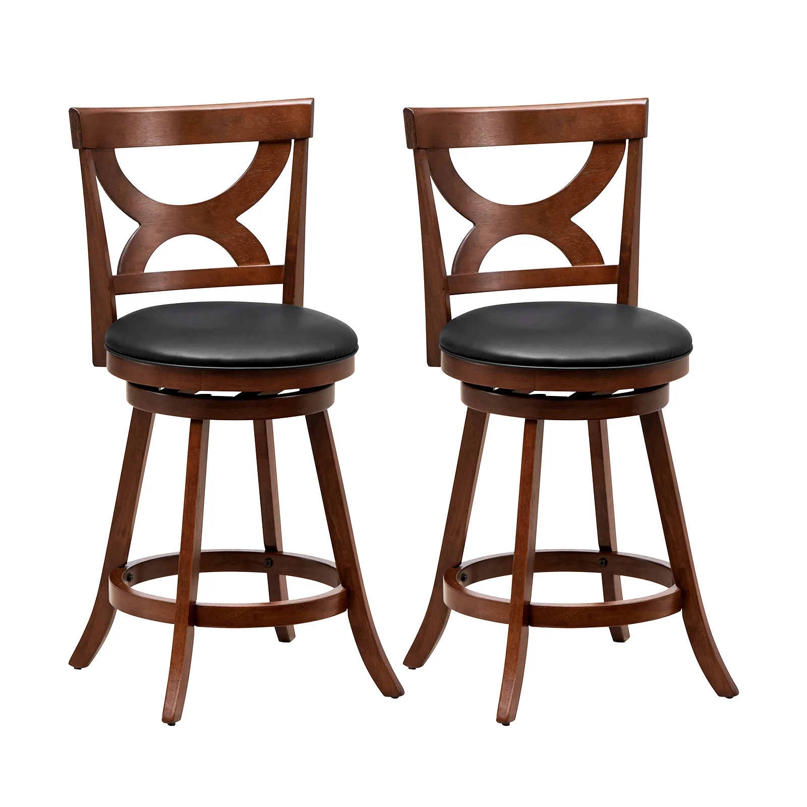 24 Inch Swivel Bar Stools, Set Of 2, Soft Cushion, Hollow Backrest, Brown