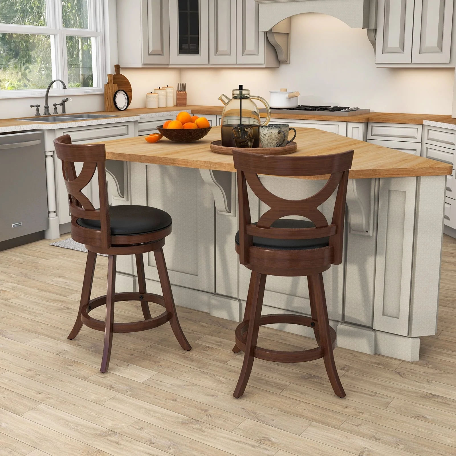 24 Inch Swivel Bar Stools, Set Of 2, Soft Cushion, Hollow Backrest, Brown - Image 2