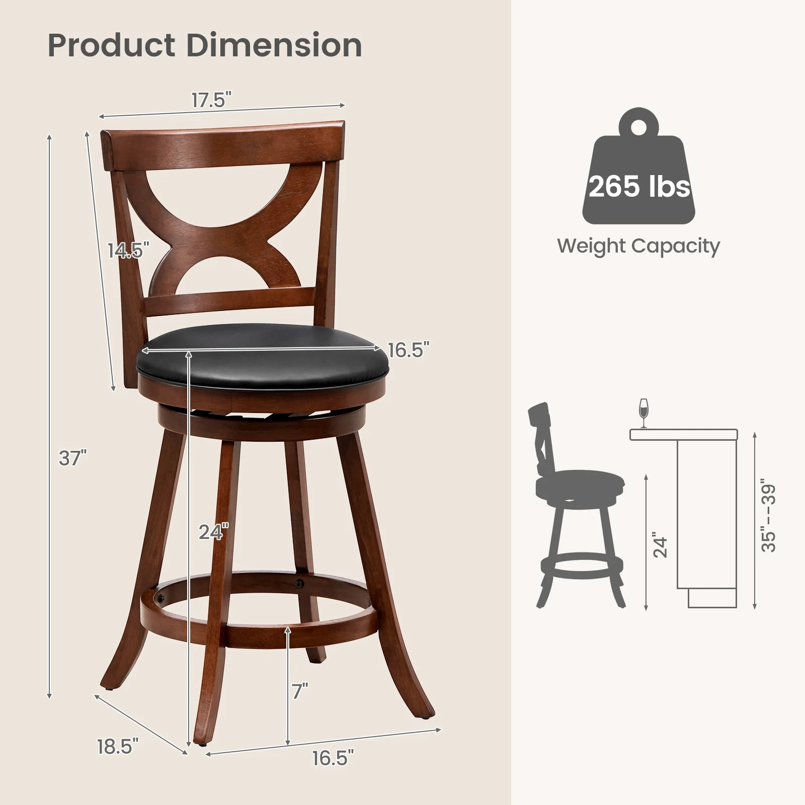 24 Inch Swivel Bar Stools, Set Of 2, Soft Cushion, Hollow Backrest, Brown - Image 4