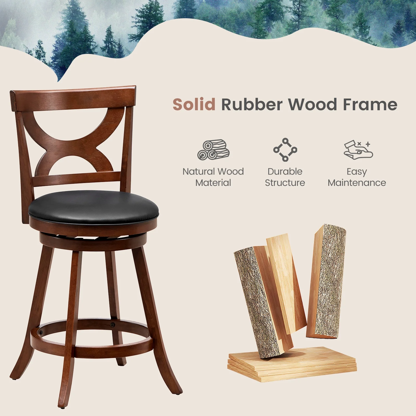 24 Inch Swivel Bar Stools, Set Of 2, Soft Cushion, Hollow Backrest, Brown - Image 7
