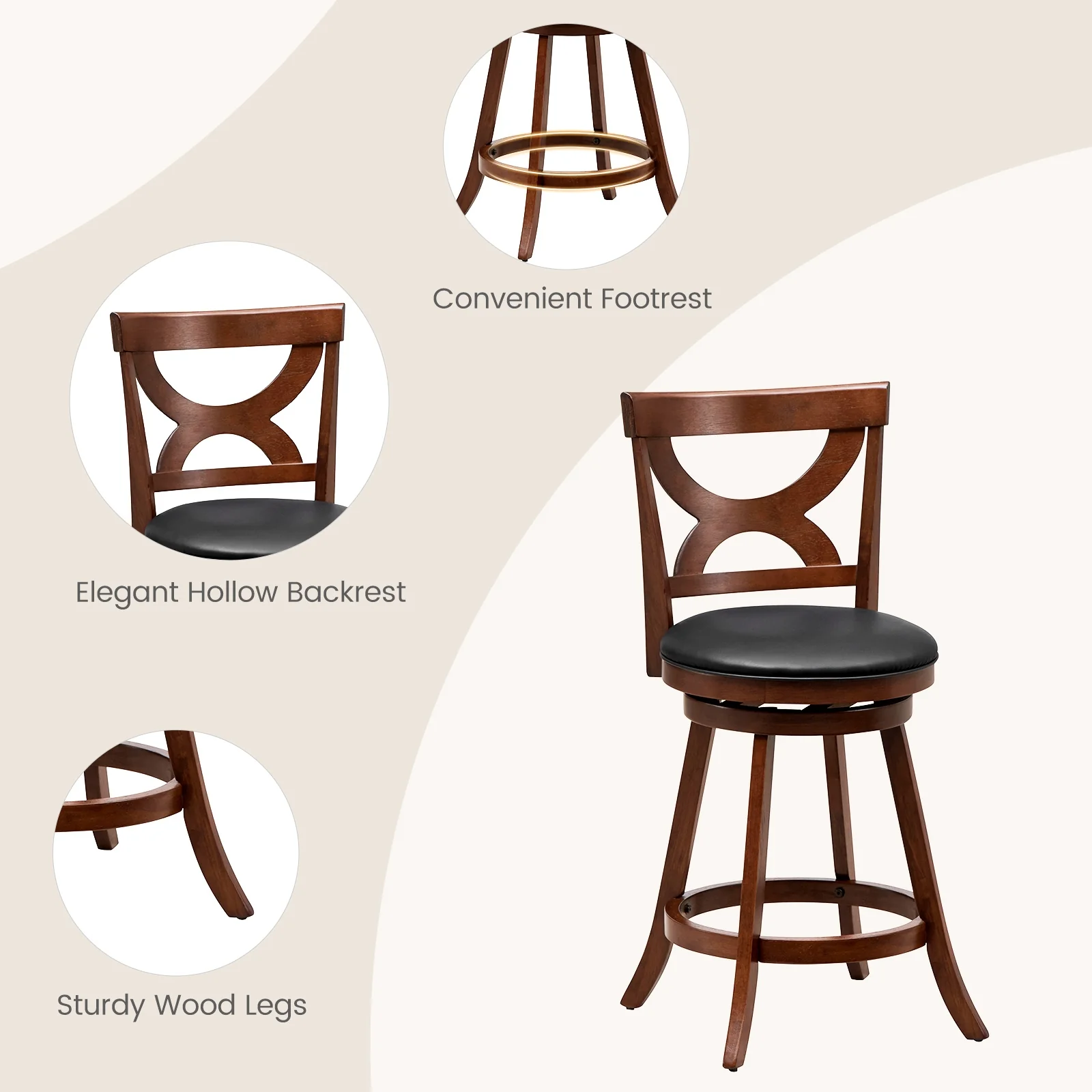 24 Inch Swivel Bar Stools, Set Of 2, Soft Cushion, Hollow Backrest, Brown - Image 8