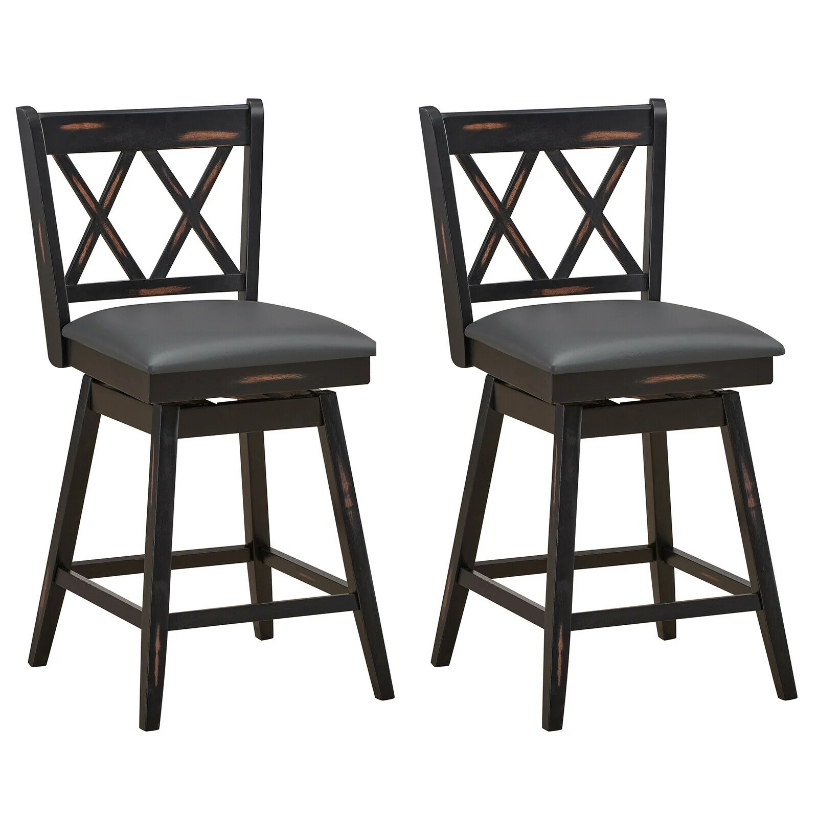 24 Inch Swivel Counter Height Barstool Set, 2 Pieces, Rubber Wood Legs, Black