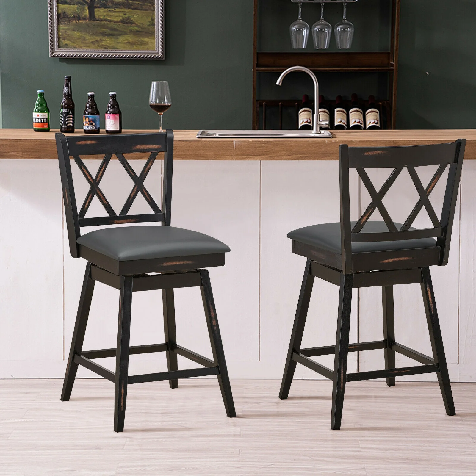 24 Inch Swivel Counter Height Barstool Set, 2 Pieces, Rubber Wood Legs, Black - Image 2
