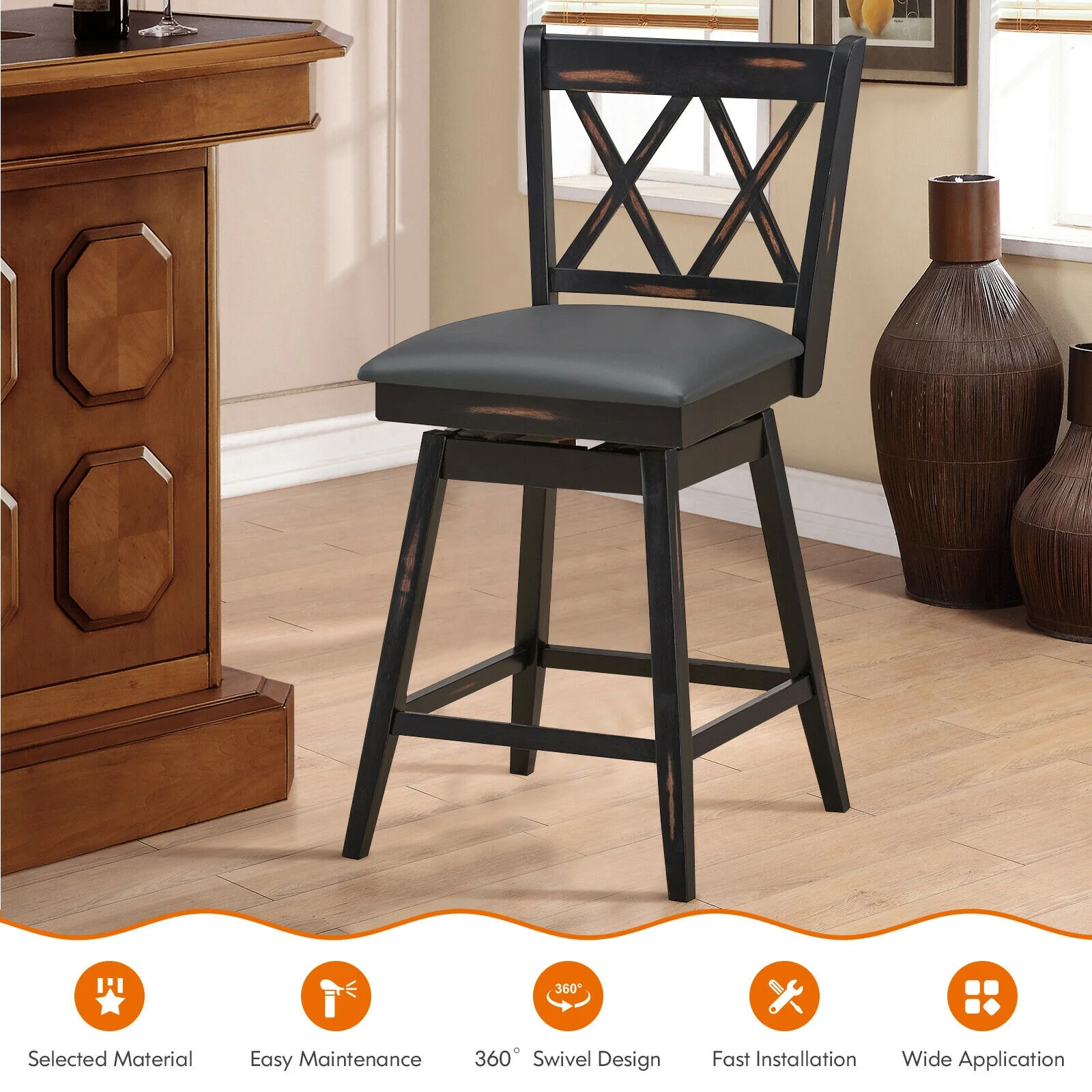 24 Inch Swivel Counter Height Barstool Set, 2 Pieces, Rubber Wood Legs, Black - Image 3