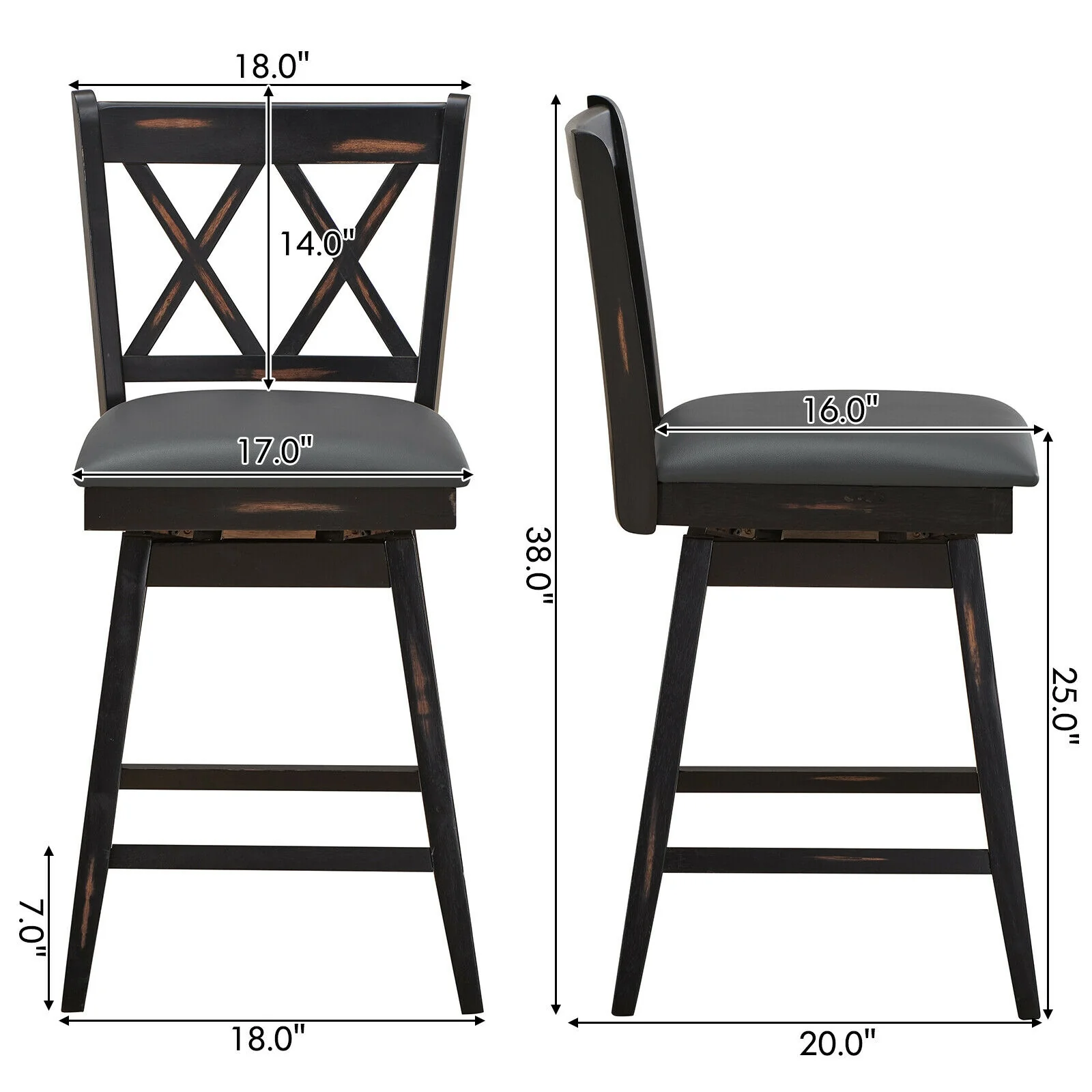 24 Inch Swivel Counter Height Barstool Set, 2 Pieces, Rubber Wood Legs, Black - Image 5