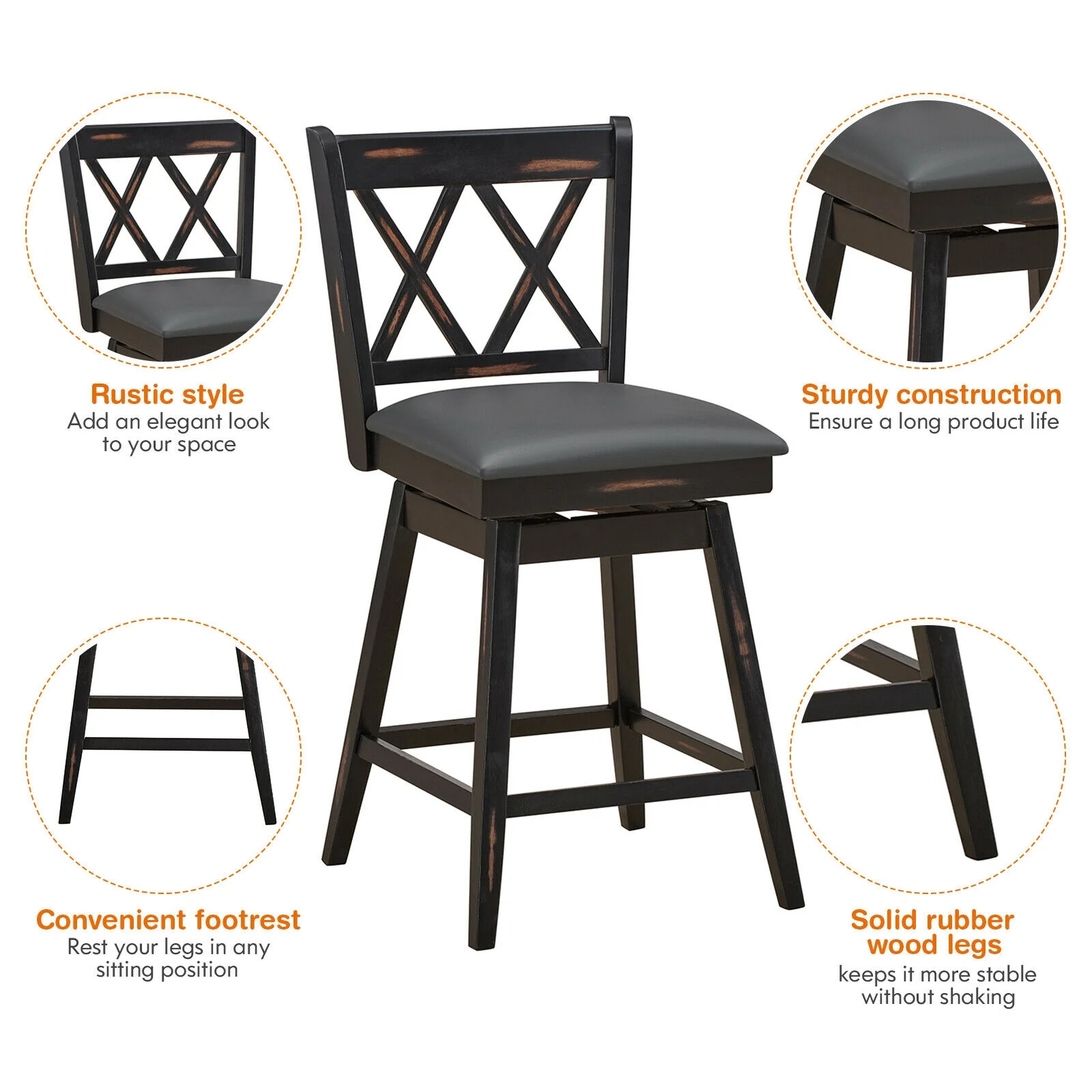 24 Inch Swivel Counter Height Barstool Set, 2 Pieces, Rubber Wood Legs, Black - Image 6