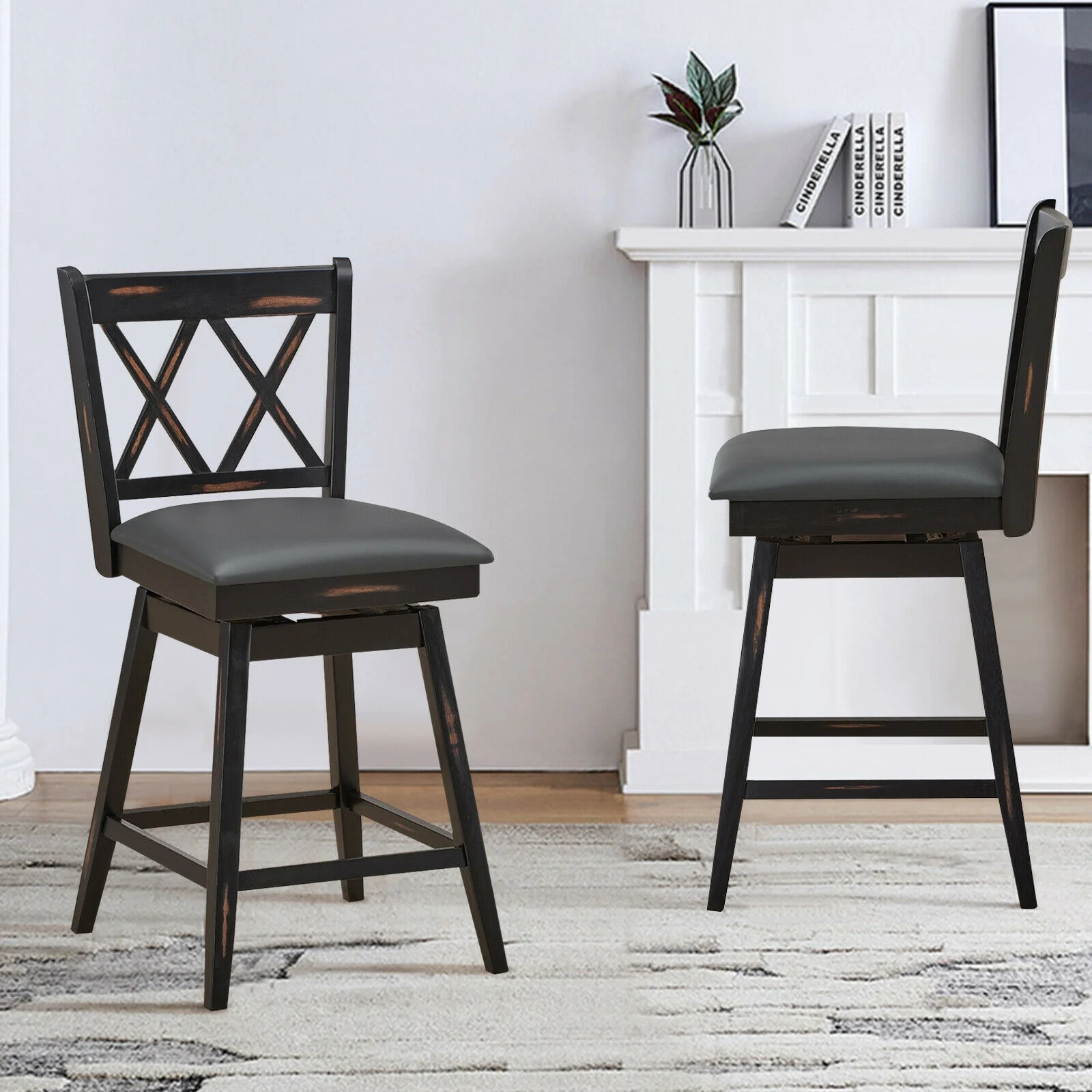 24 Inch Swivel Counter Height Barstool Set, 2 Pieces, Rubber Wood Legs, Black - Image 7