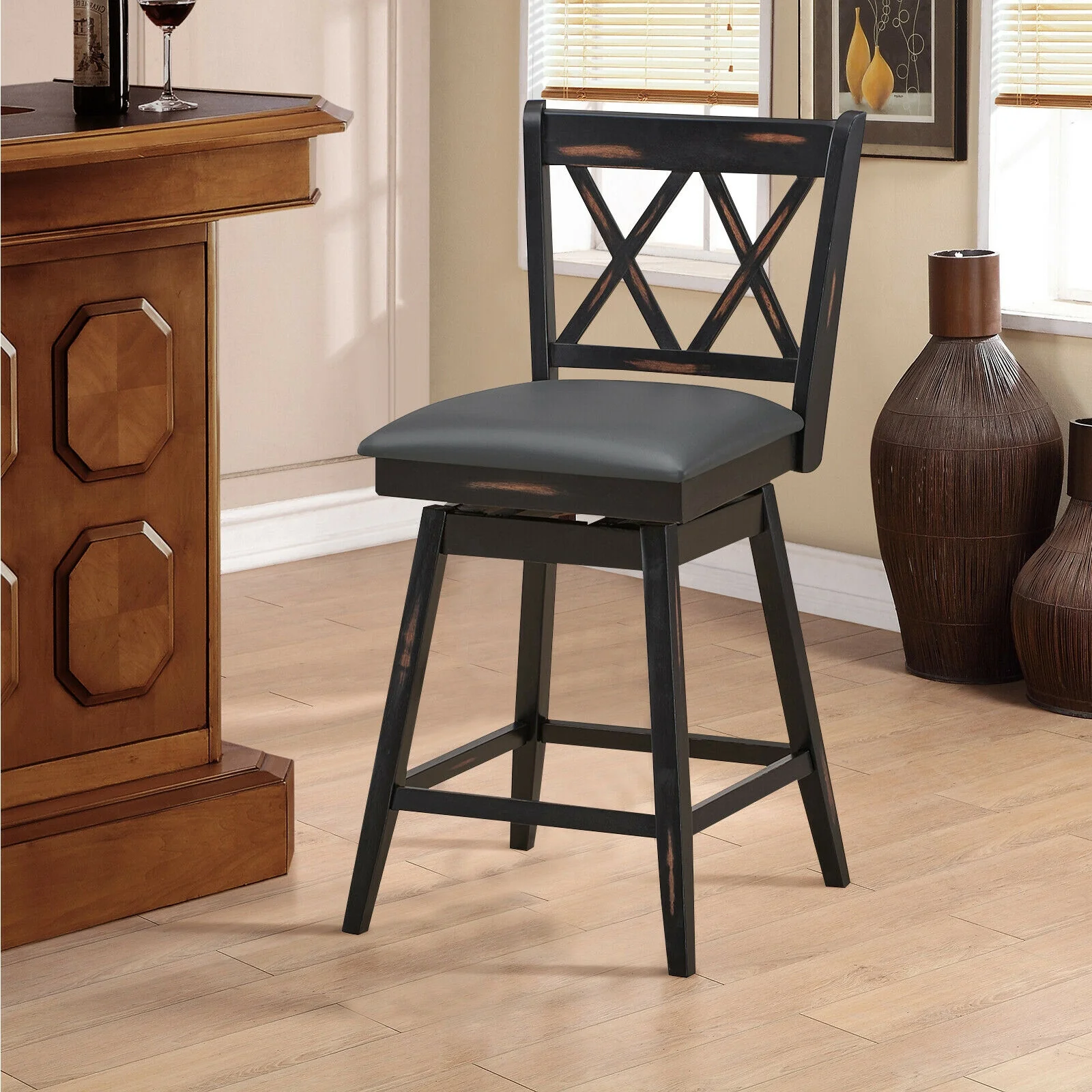 24 Inch Swivel Counter Height Barstool Set, 2 Pieces, Rubber Wood Legs, Black - Image 8