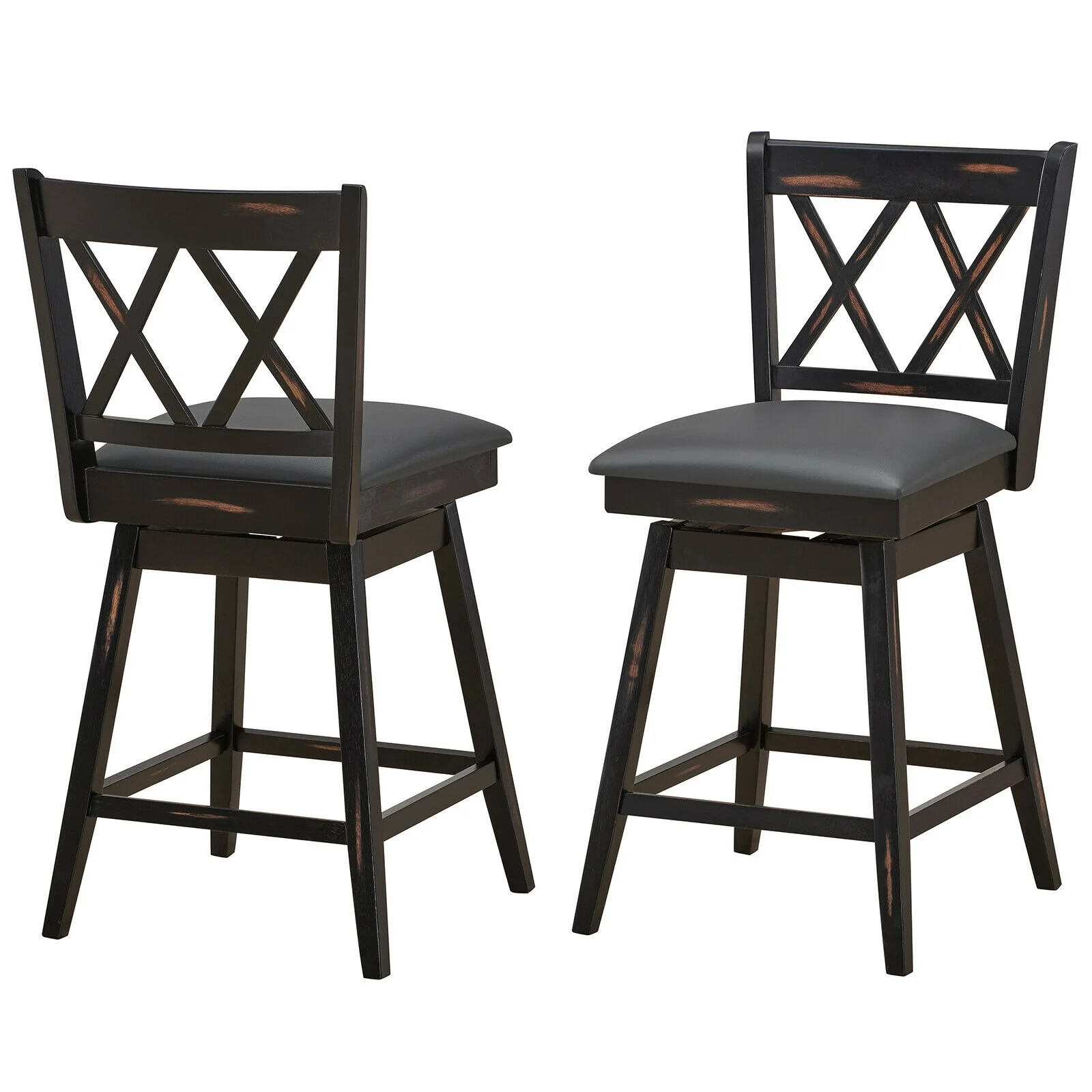 24 Inch Swivel Counter Height Barstool Set, 2 Pieces, Rubber Wood Legs, Black - Image 9