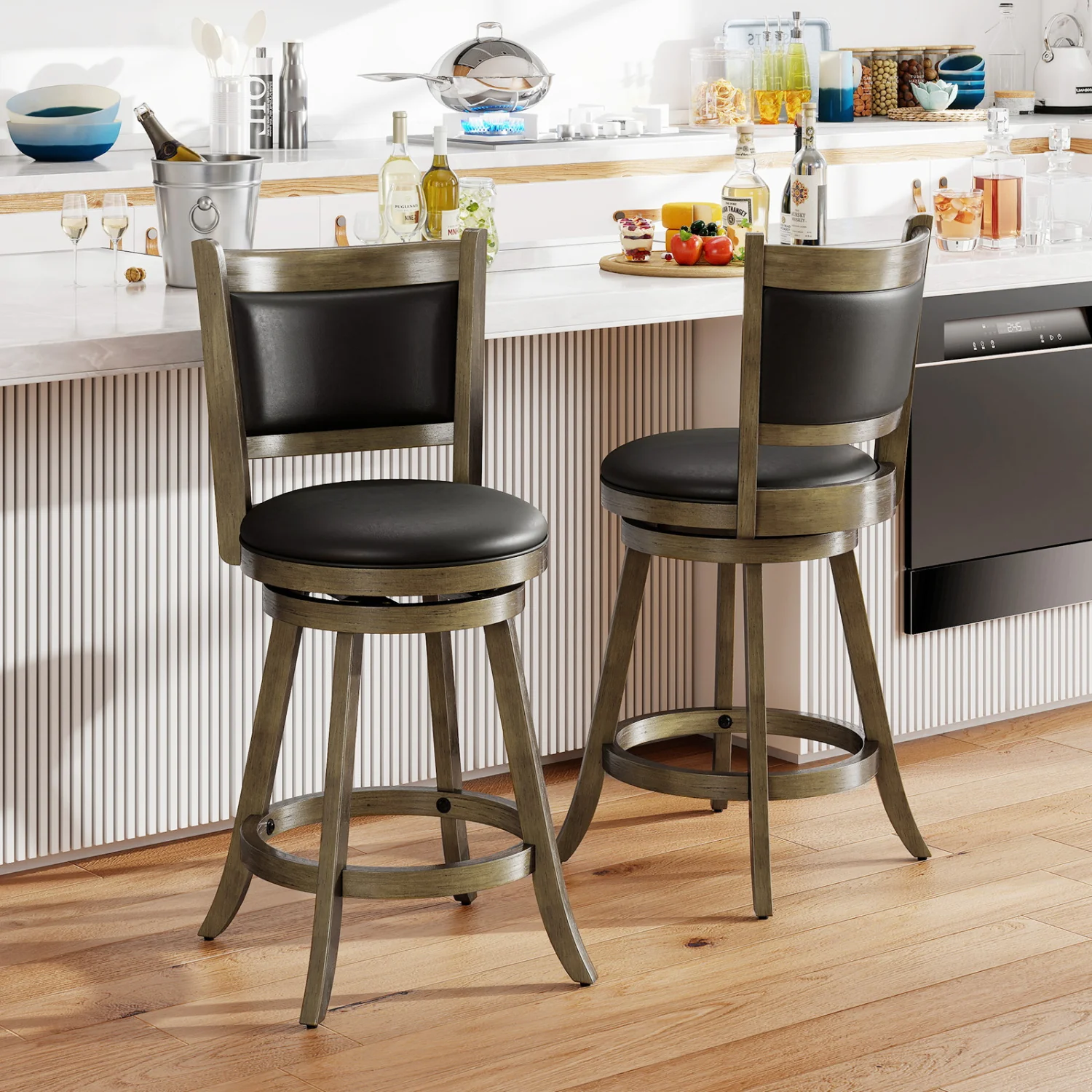 24 Inch Swivel Counter Stool, Upholstered Seat, Gray - Image 2
