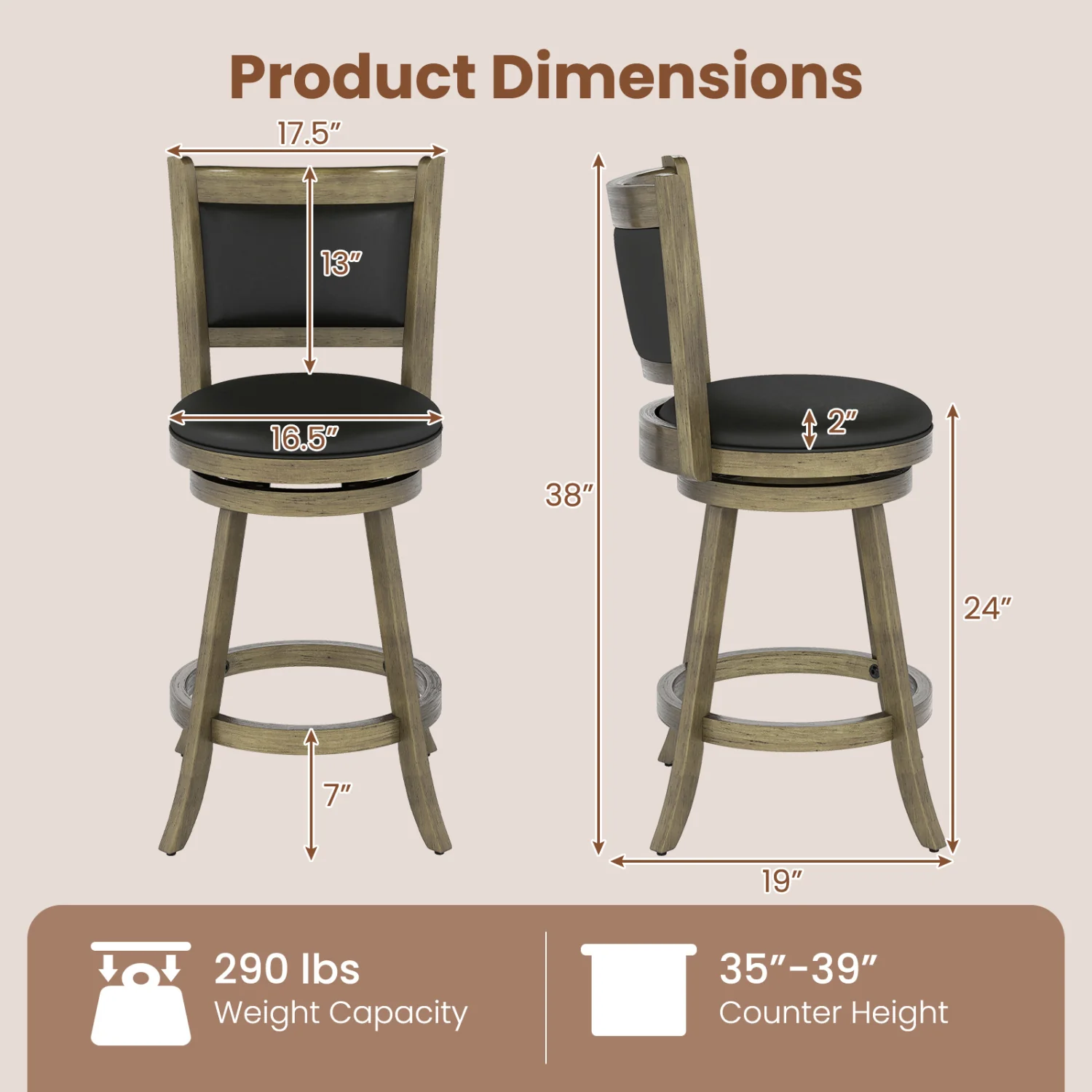 24 Inch Swivel Counter Stool, Upholstered Seat, Gray - Image 5