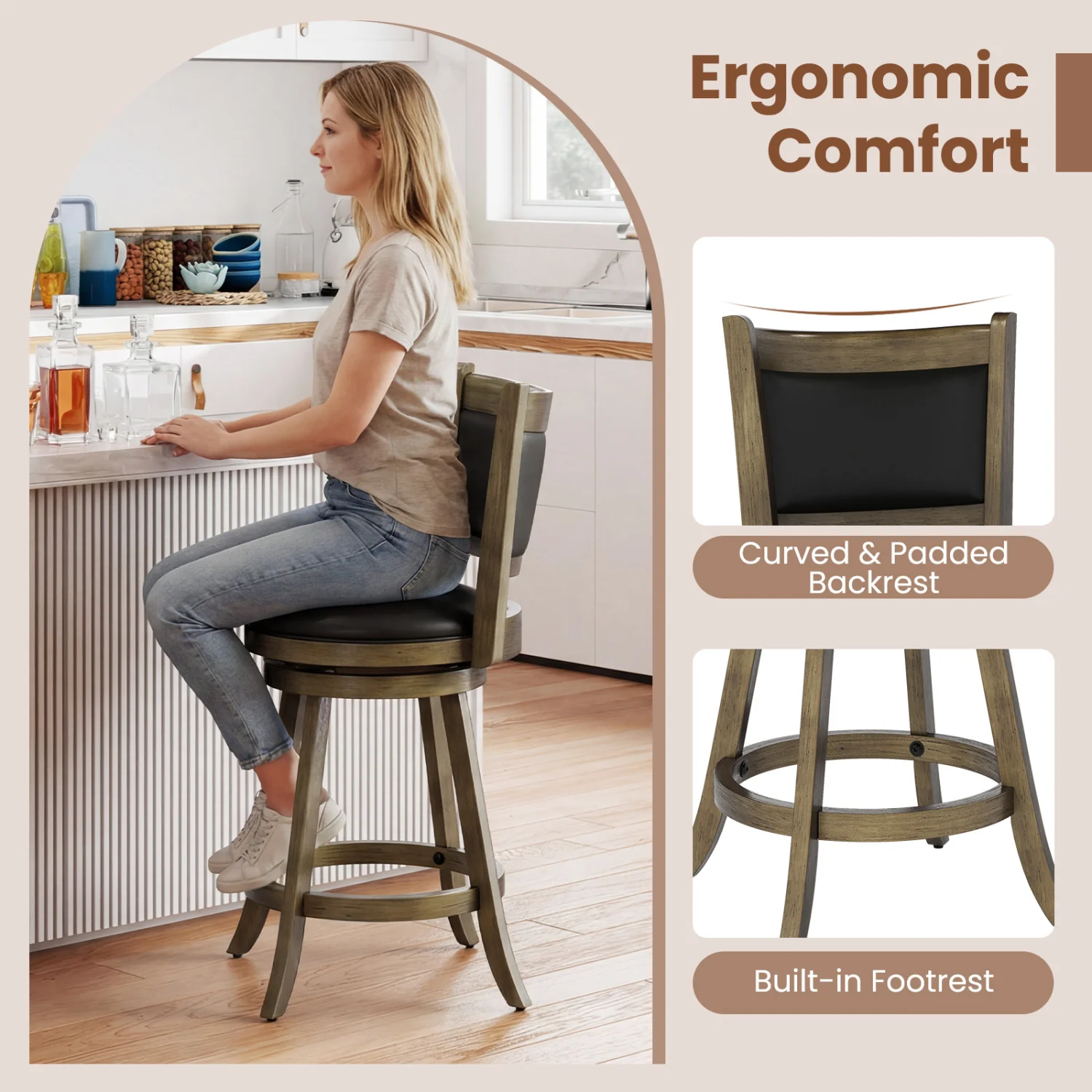 24 Inch Swivel Counter Stool, Upholstered Seat, Gray - Image 9