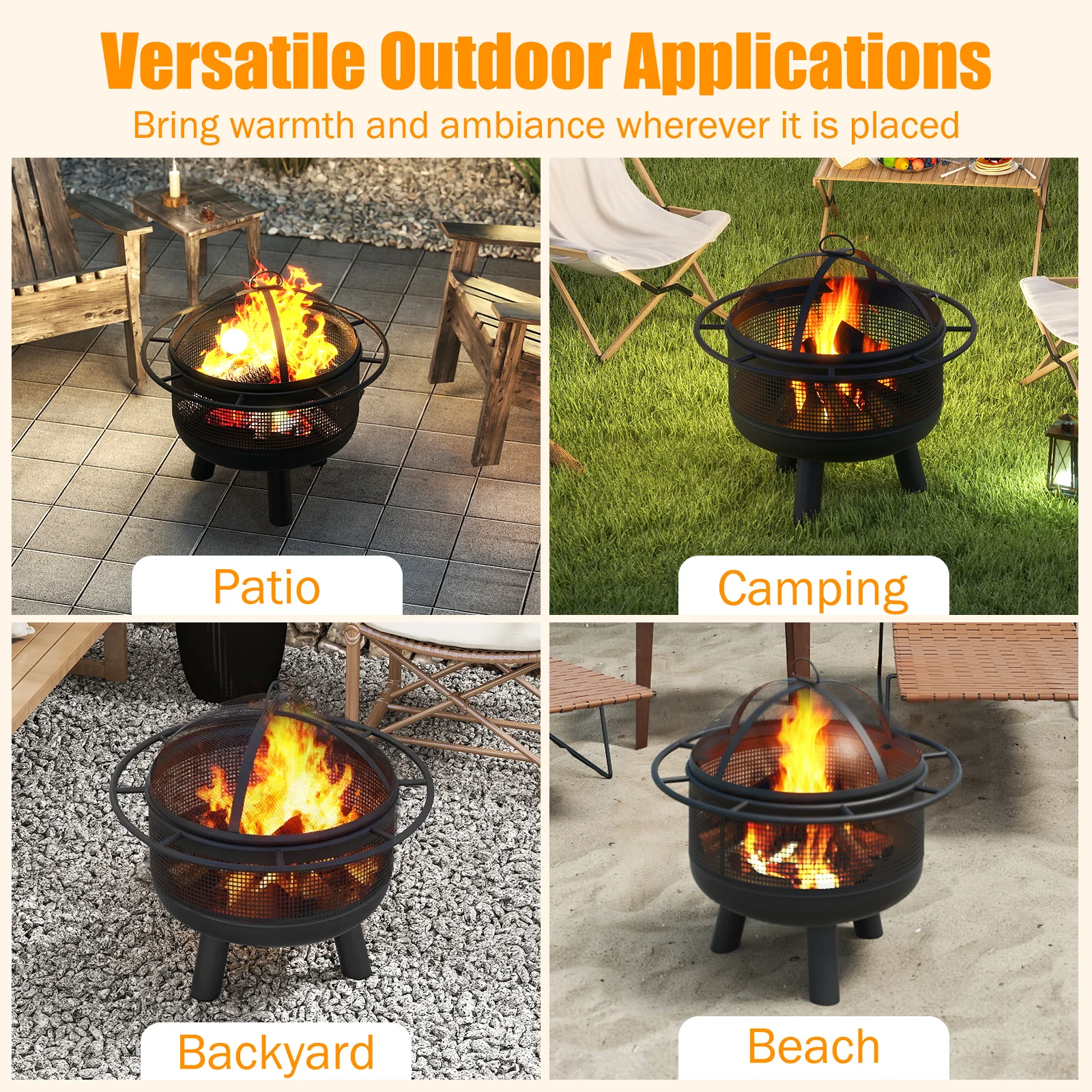 24 Inch Wood Burning Fire Pit with Log Grate and Mesh Screen for Outside, Black - Image 10