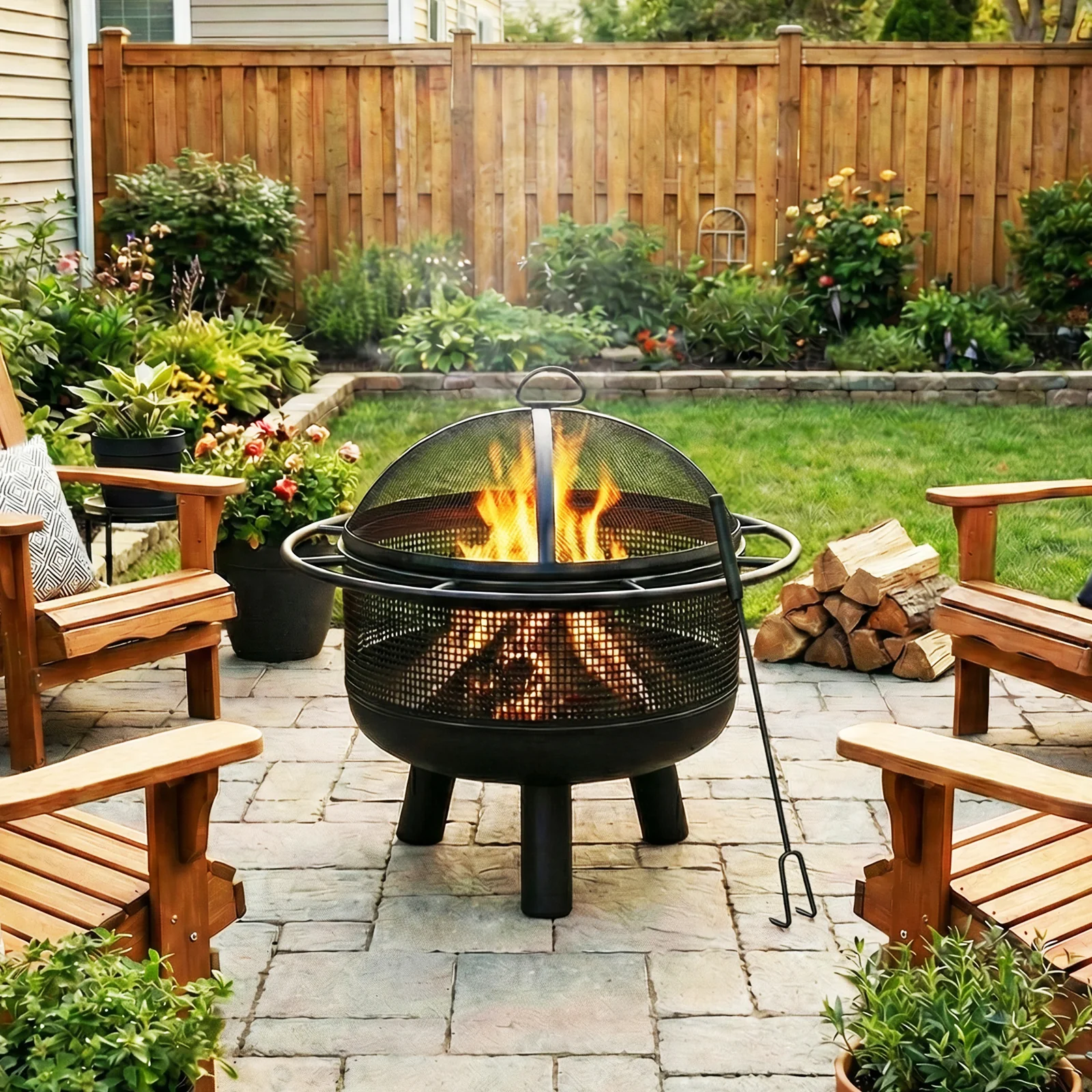 24 Inch Wood Burning Fire Pit with Log Grate and Mesh Screen for Outside, Black - Image 2