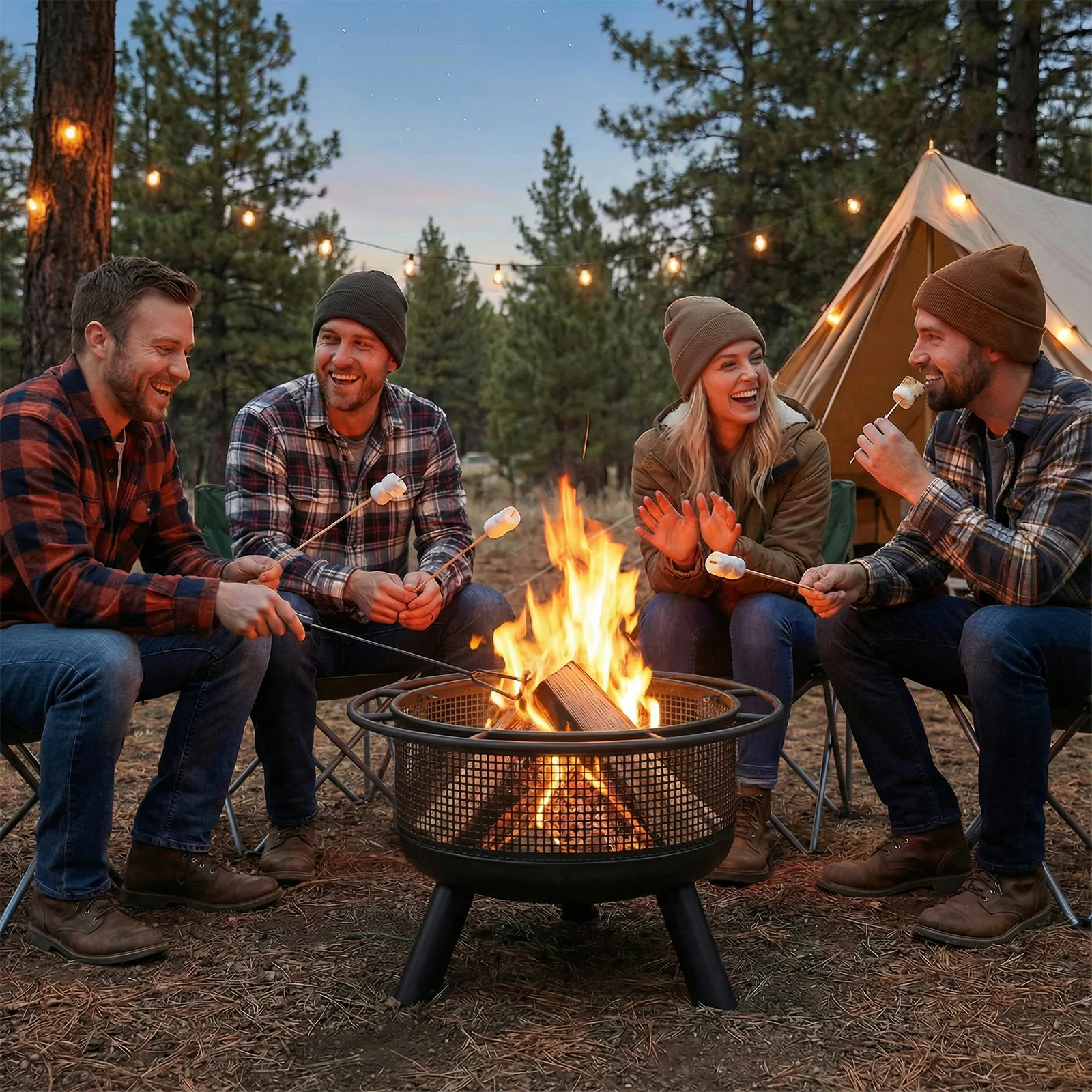 24 Inch Wood Burning Fire Pit with Log Grate and Mesh Screen for Outside, Black - Image 3