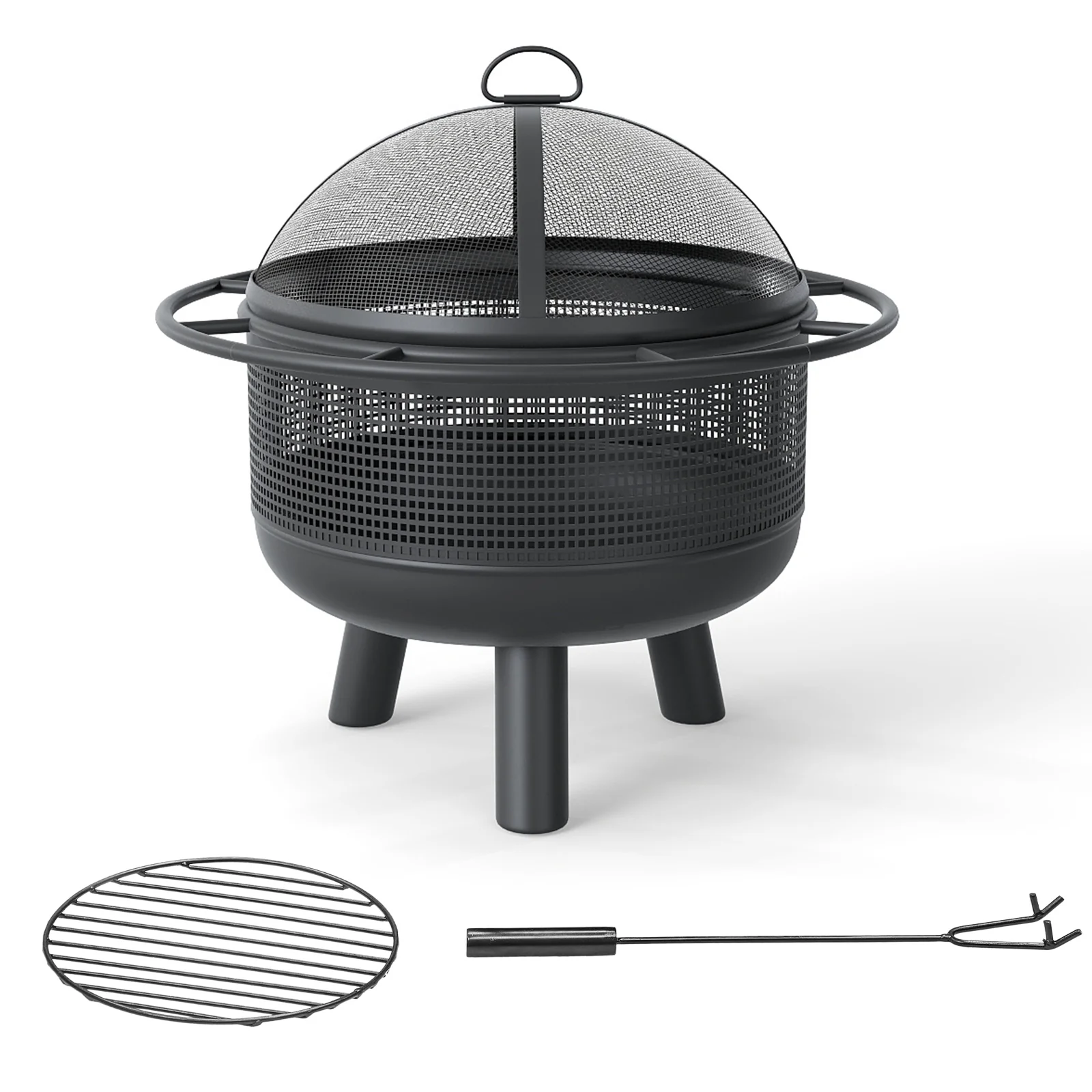 24 Inch Wood Burning Fire Pit with Log Grate and Mesh Screen for Outside, Black - Image 4