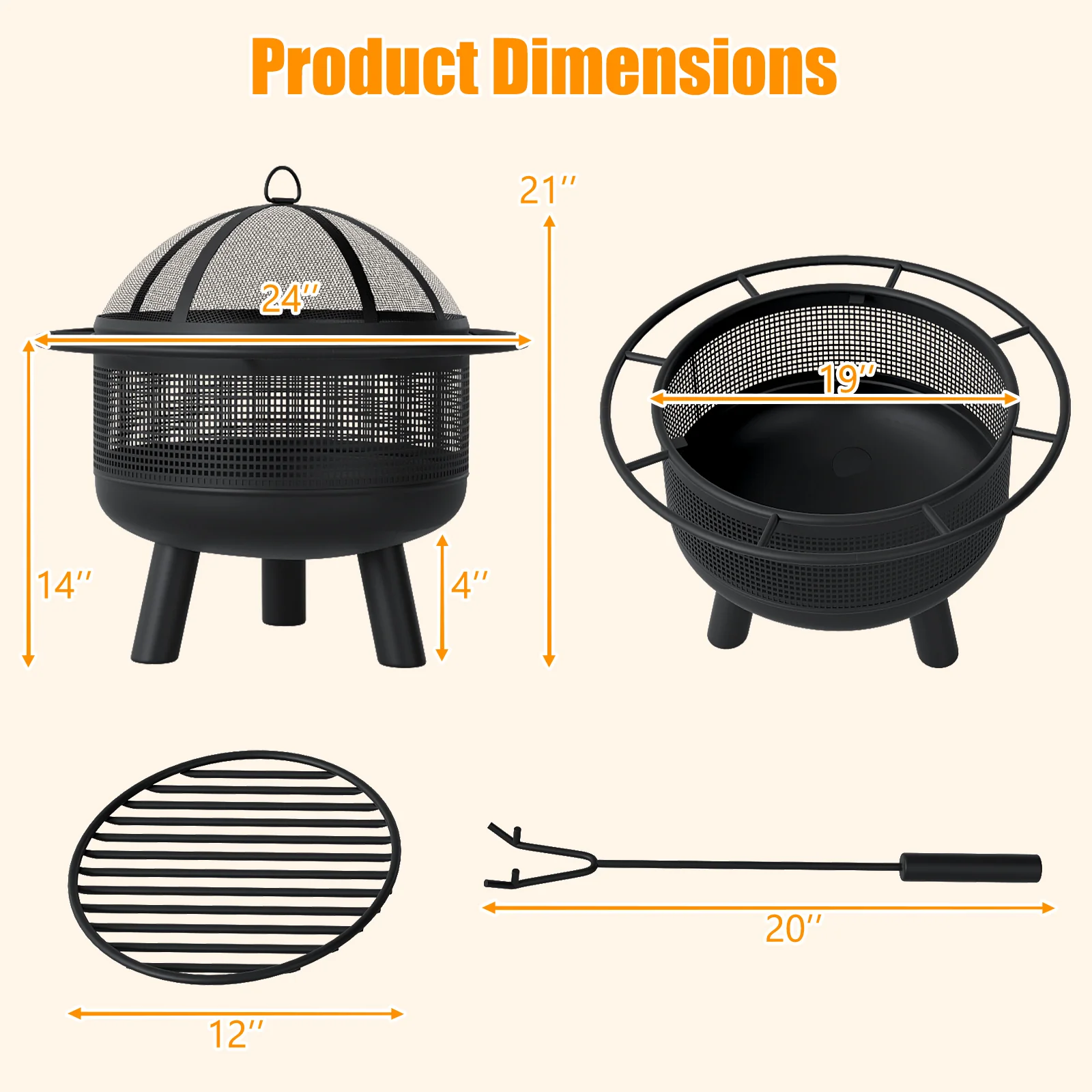 24 Inch Wood Burning Fire Pit with Log Grate and Mesh Screen for Outside, Black - Image 6
