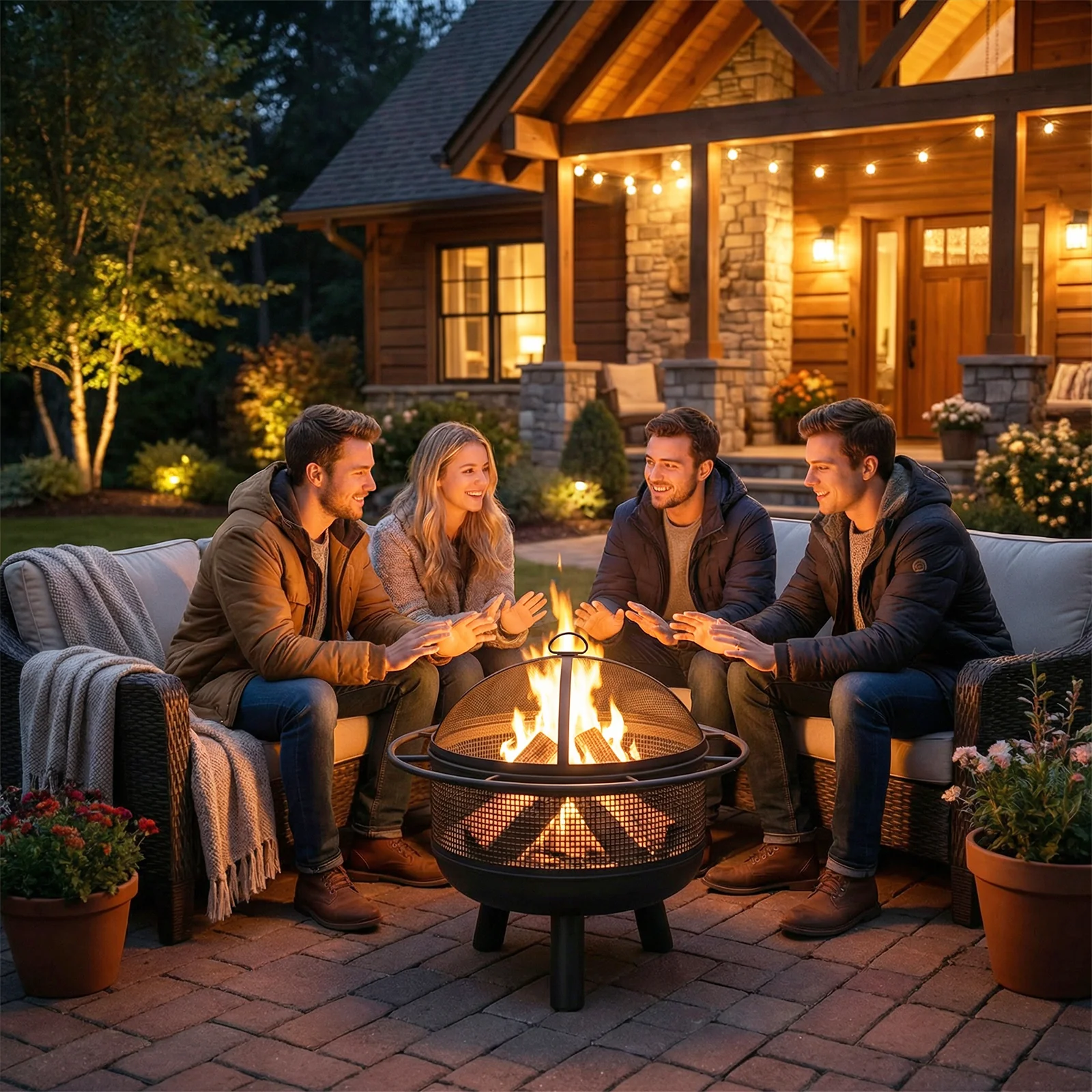 24 Inch Wood Burning Fire Pit with Log Grate and Mesh Screen for Outside, Black - Image 7