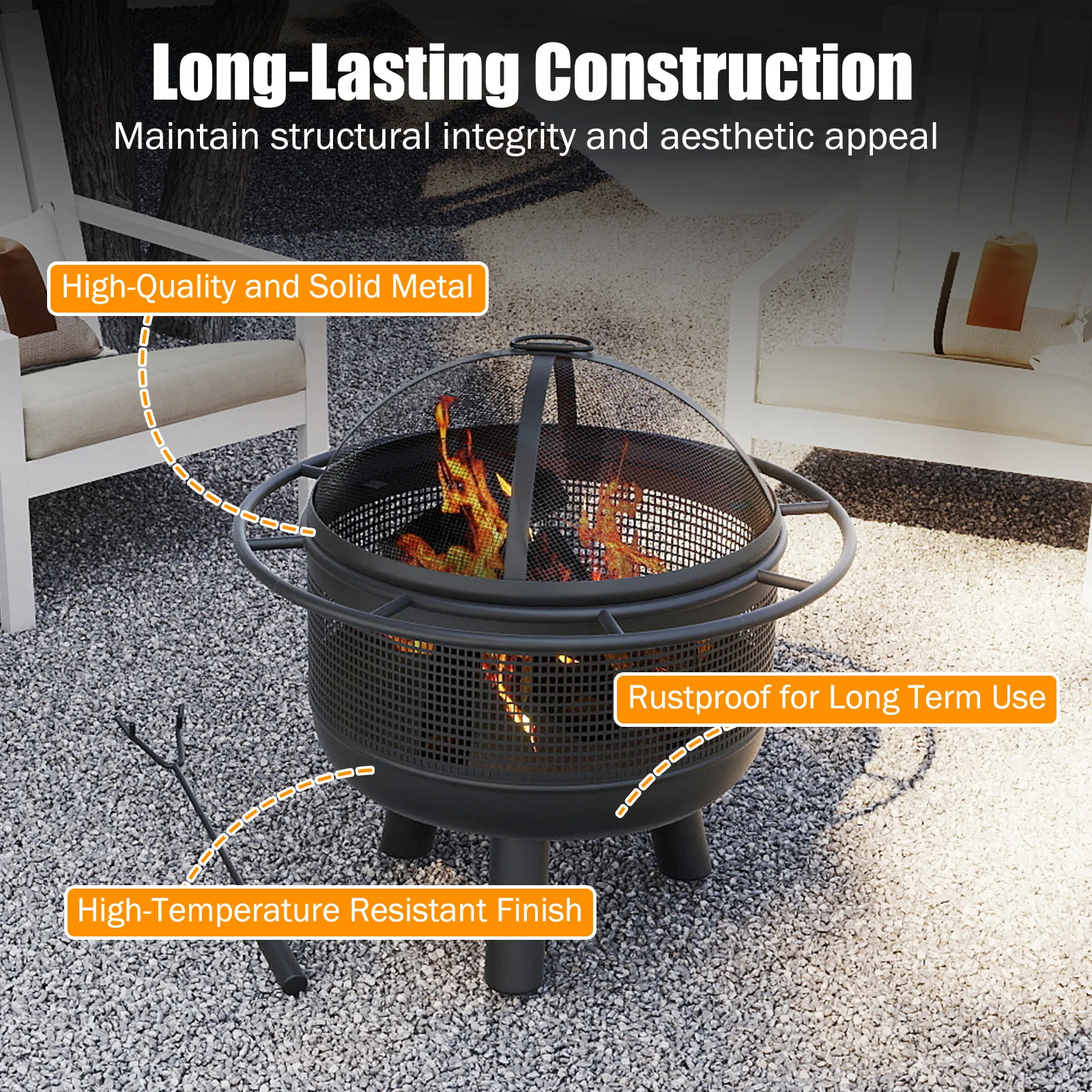 24 Inch Wood Burning Fire Pit with Log Grate and Mesh Screen for Outside, Black - Image 8