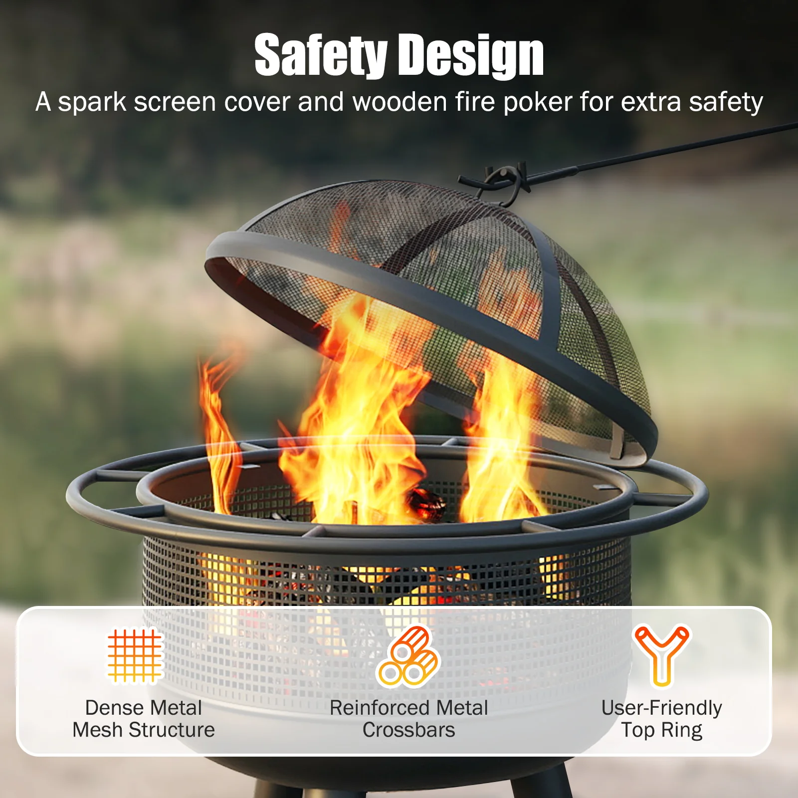 24 Inch Wood Burning Fire Pit with Log Grate and Mesh Screen for Outside, Black - Image 9