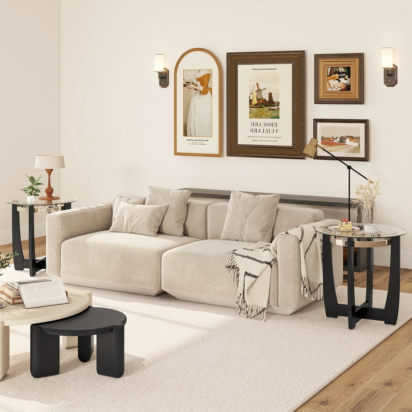 24 Inches Round Side Table with Tempered Glass Top and Solid Rubber Wood Base, Black - Image 10