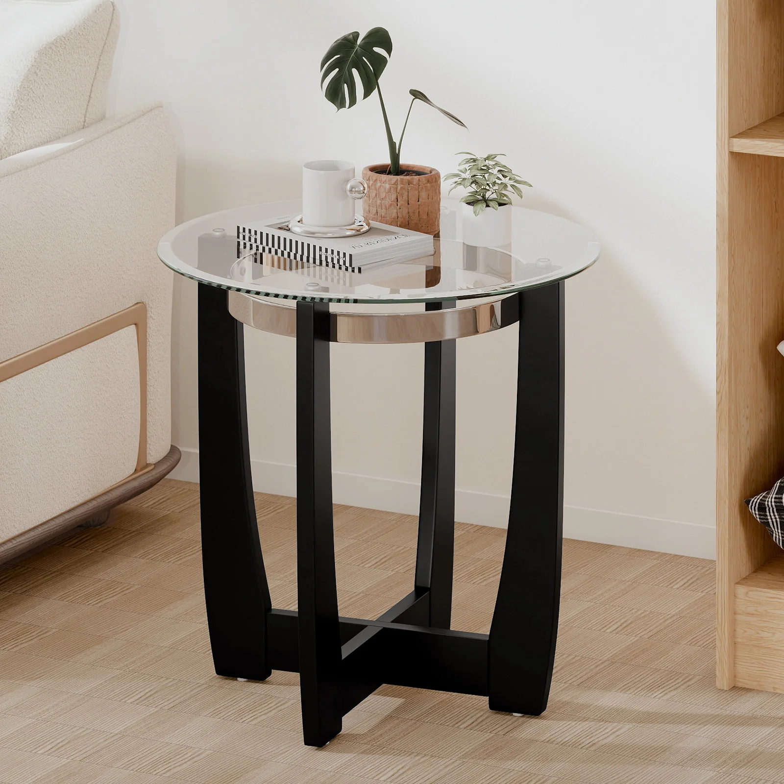 24 Inches Round Side Table with Tempered Glass Top and Solid Rubber Wood Base, Black - Image 2