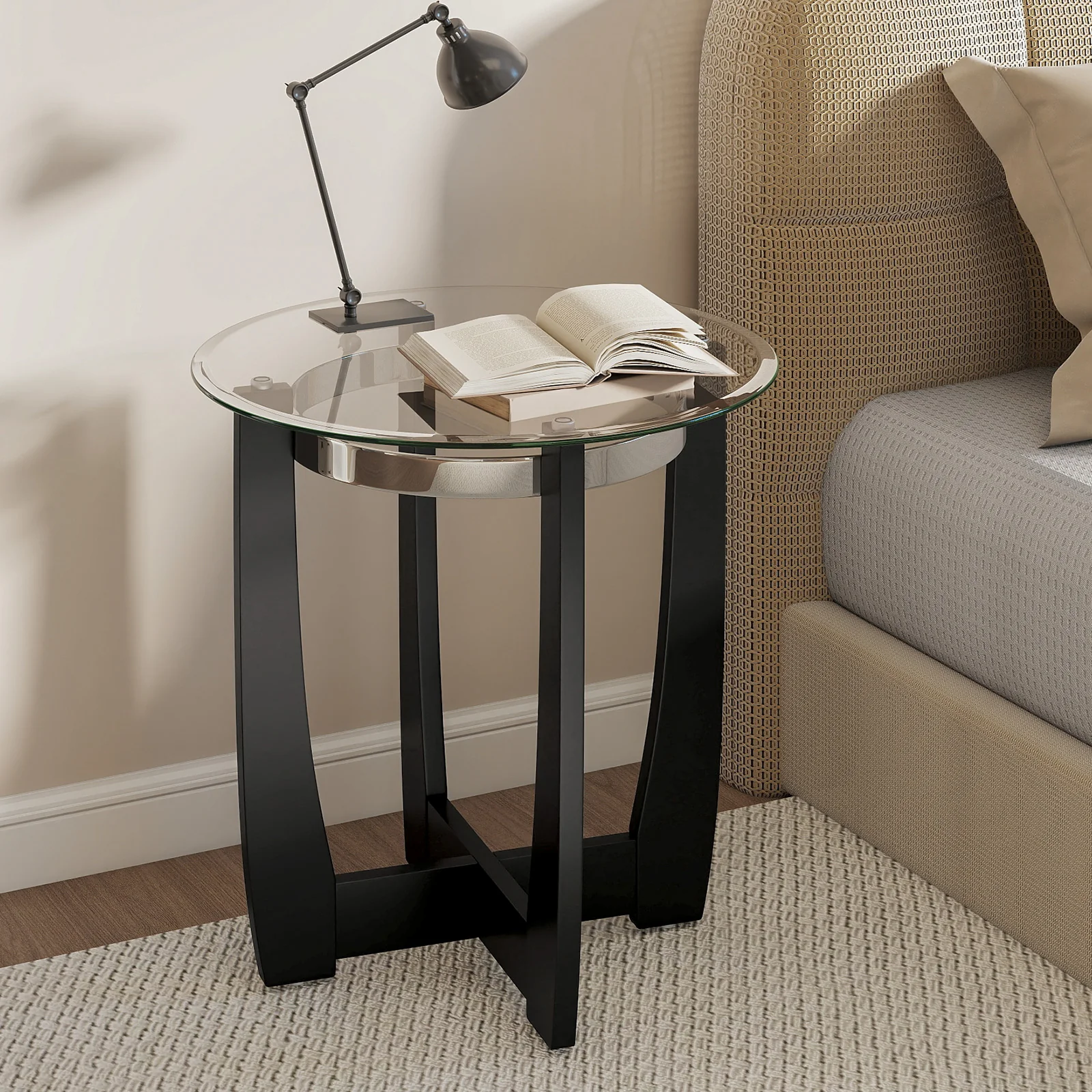 24 Inches Round Side Table with Tempered Glass Top and Solid Rubber Wood Base, Black - Image 3